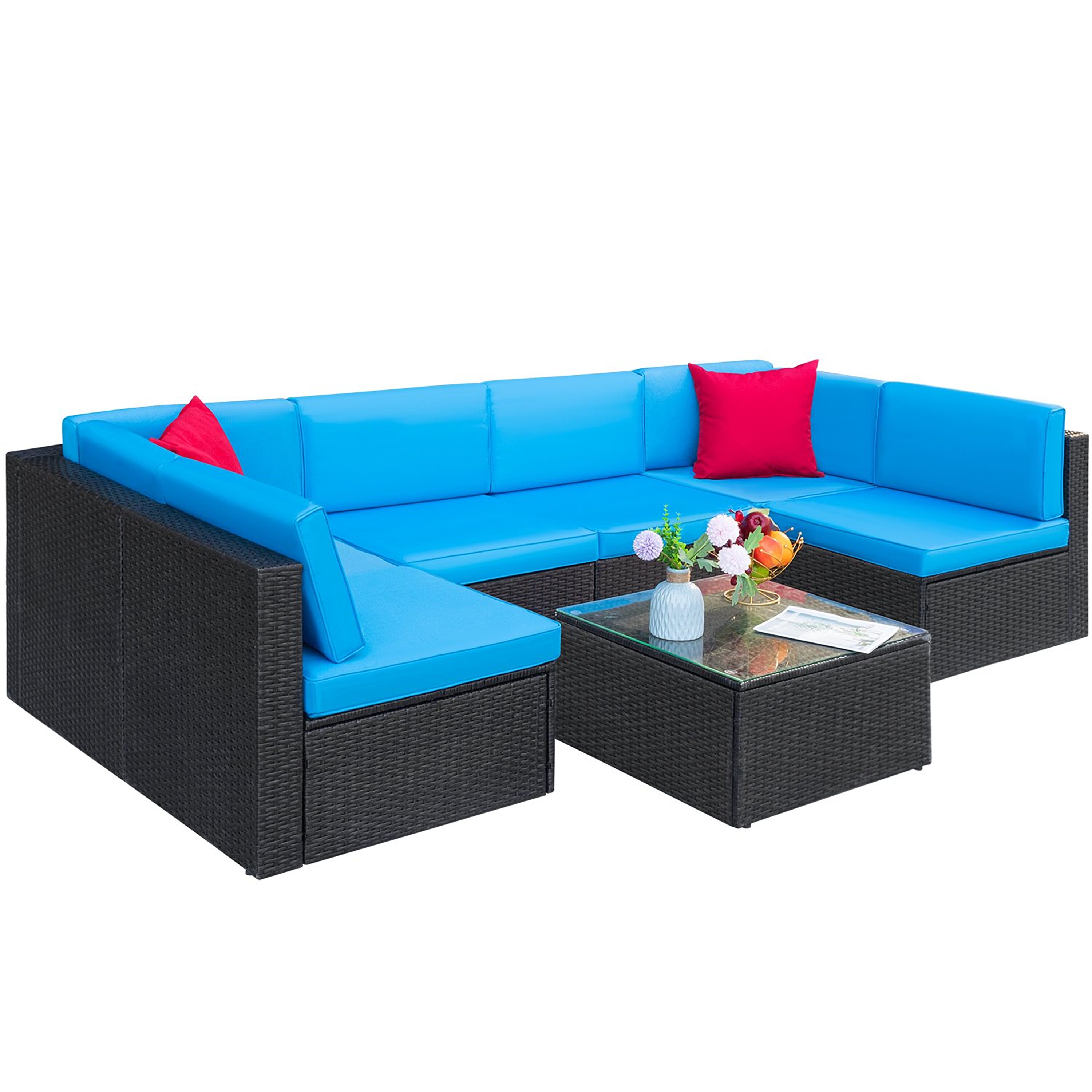 Vineego LS-TBSF2CS4AS1TT03 7 -Piece Wicker 2 Patio Sofa Conversation Set with Blue Cushions