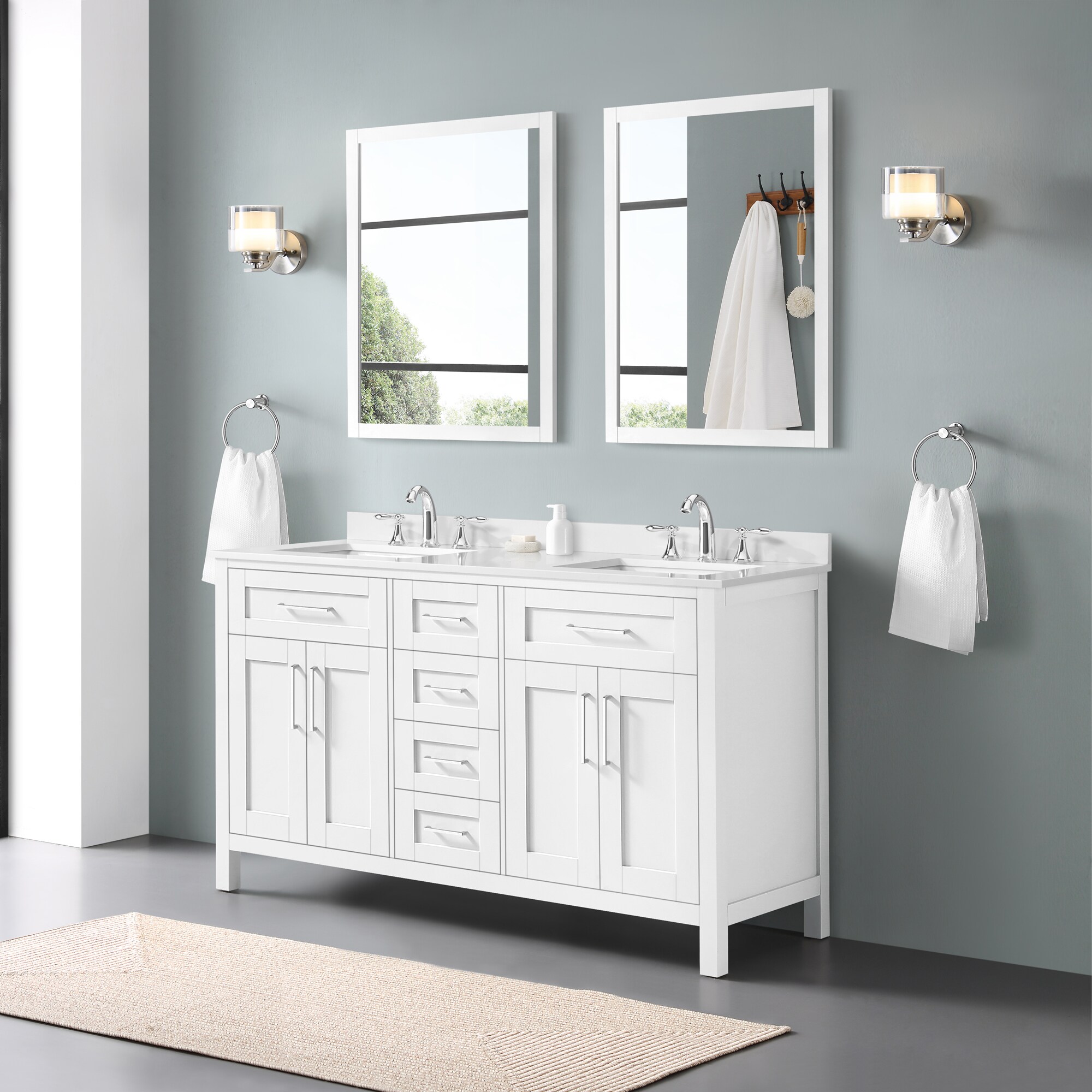  EQLOO 60 Grey Square Double Sink Bathroom Vanity Compact Set 4  Large Folding Doors 5 Drawers Carrara White Marble Stone Top backsplash  Bathroom Cabinet No Mirror (60 inch, Grey