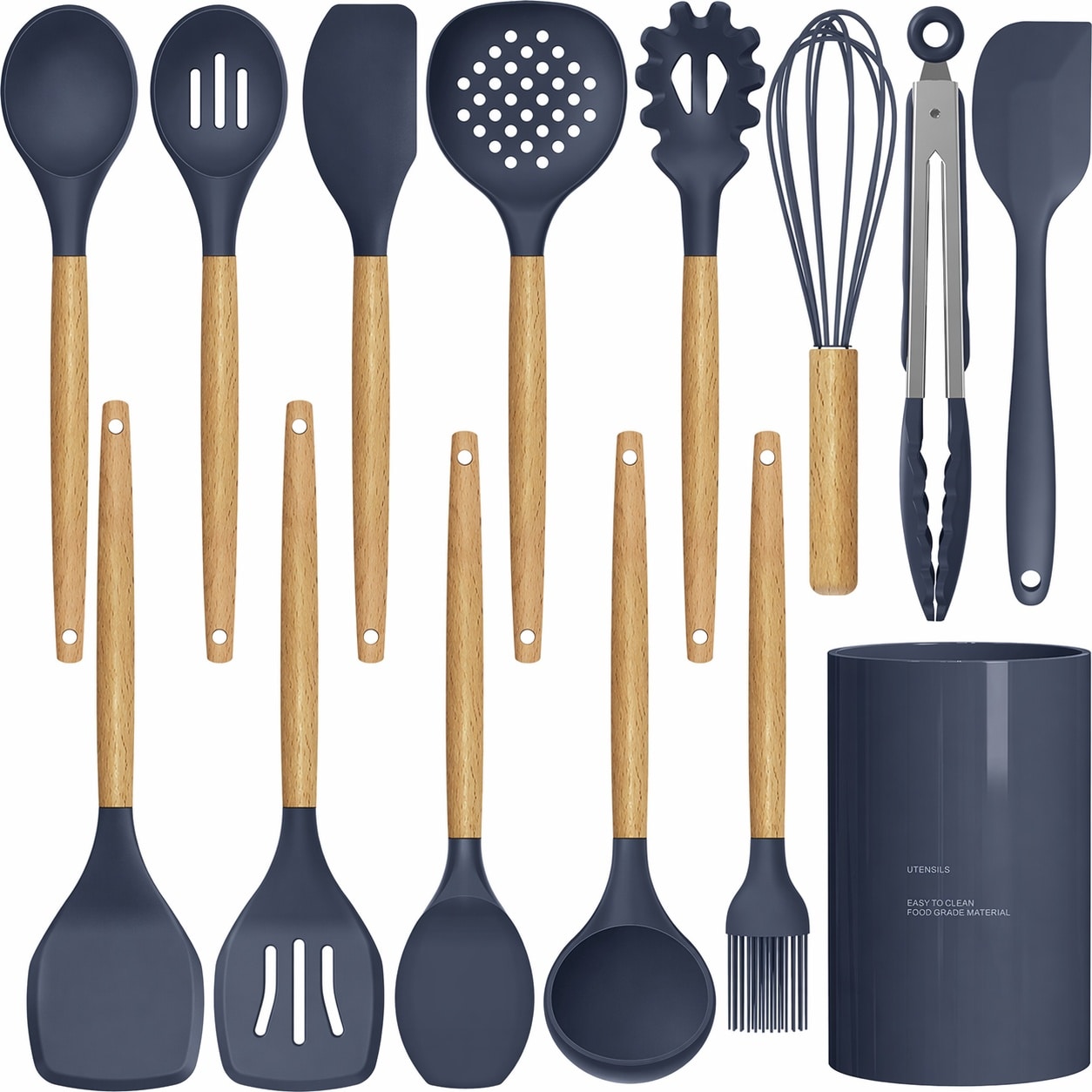 Vrbgify  Silicone Cooking Utensils Set 446F Heat Resistant Kitchen Tools with Wooden Handles Holder BPA Free for Non Stick Cookware Navy Blue Set