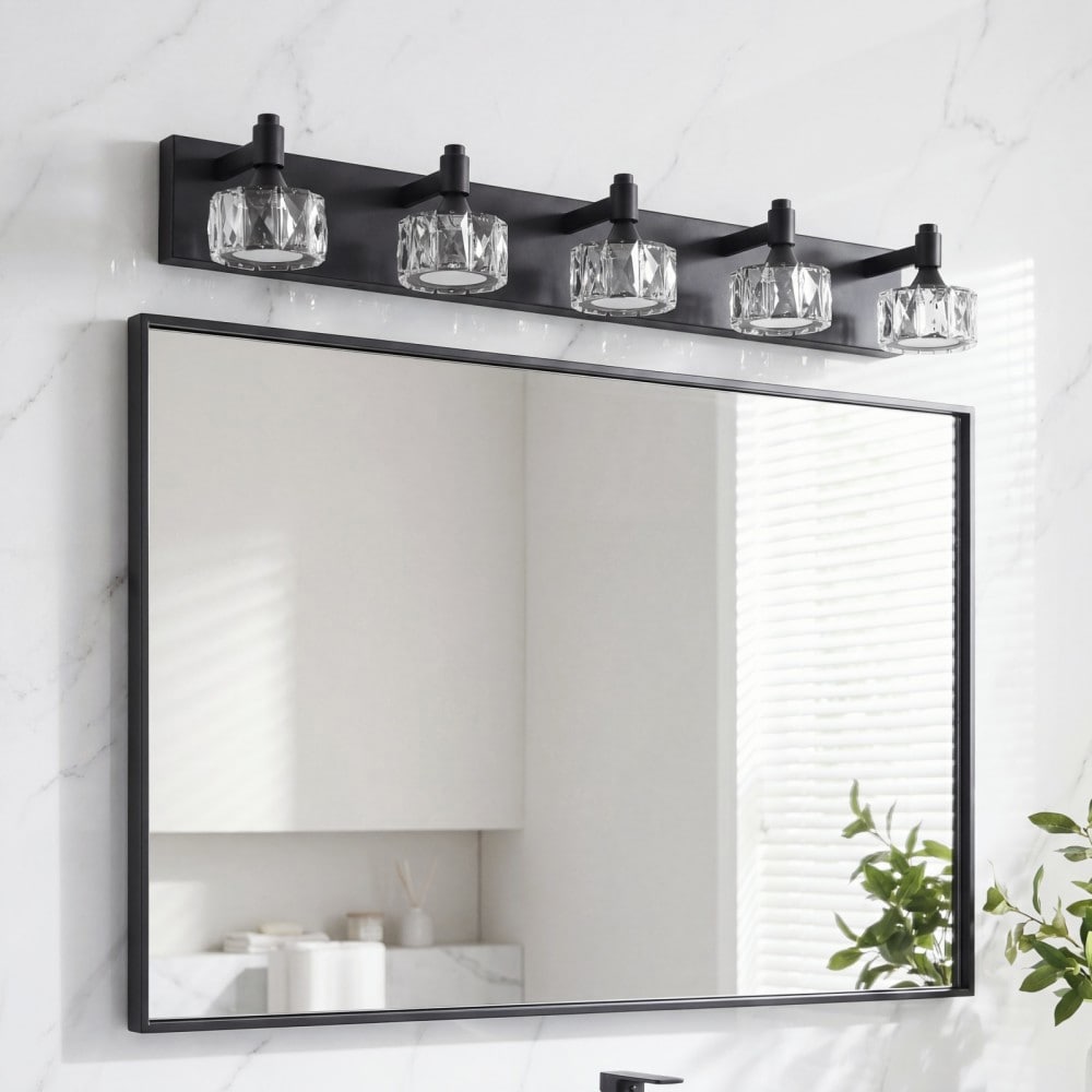 Basdien 36 in Matte Black Modern 5 Light LED Vanity Light Fixture with Crystal Glass Shades Bathroom Wall Sconce for Elegant Contemporary Home Decor Dimmable High CRI 85 6000K Long Lasting 50000 Hours Energy Efficient Easy Install