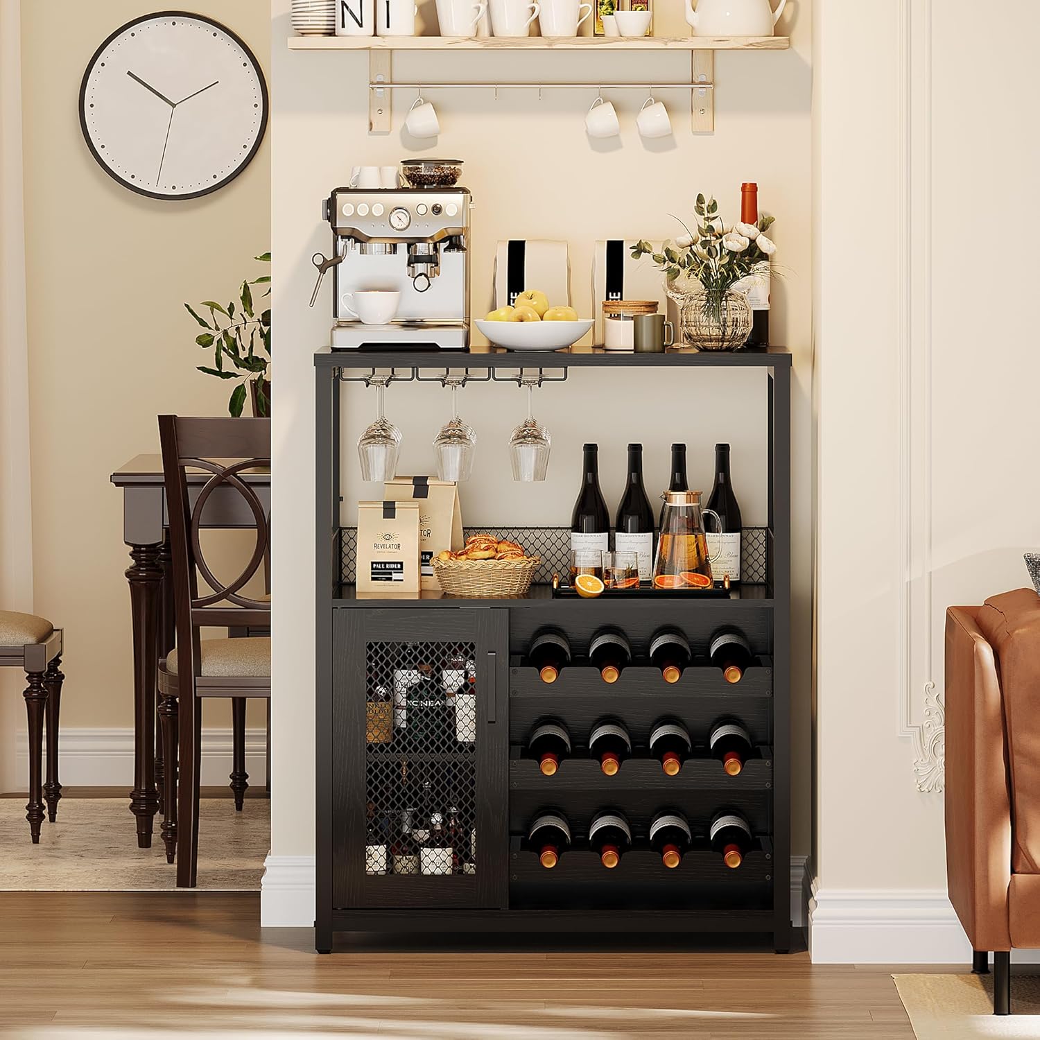 Qeetex 3-Tier Wine Bar Cabinet with LED Detachable Wine Rack and Storage Space Buffet Cabinet with Glass Holder and Mesh Door for Kitchen Living Room and Bar