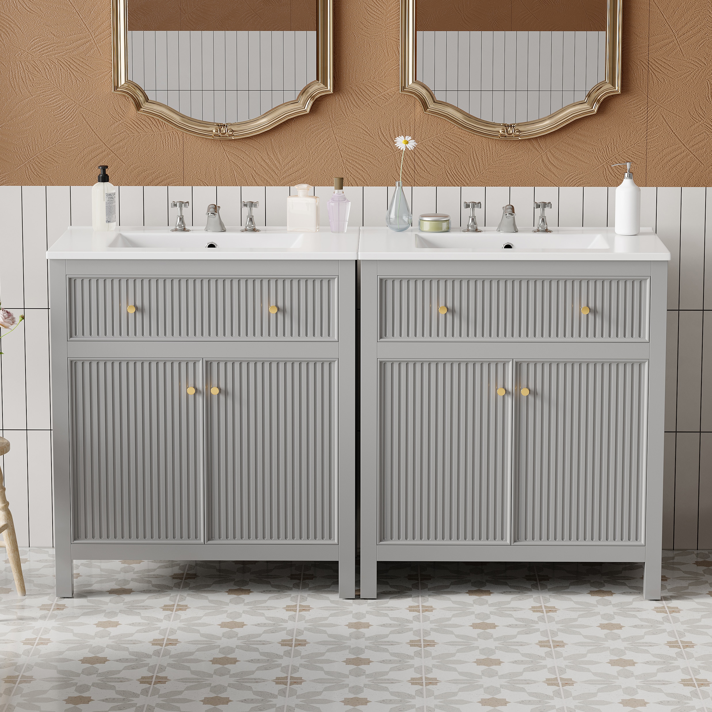 Tatayosi RY-SS00007E 60 inches Bathroom Vanity Set with Ceramic Sink (Separate) Free Standing Single Vanity Set with Soft Closing Doors Modern Style Grey
