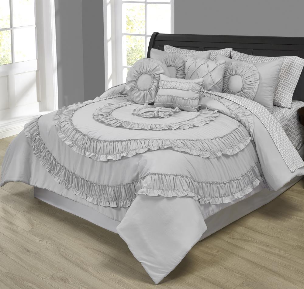 MHF Home M592317  Jennifer Ruffled 10-Piece Comforter Set Gray Multi King Comforter