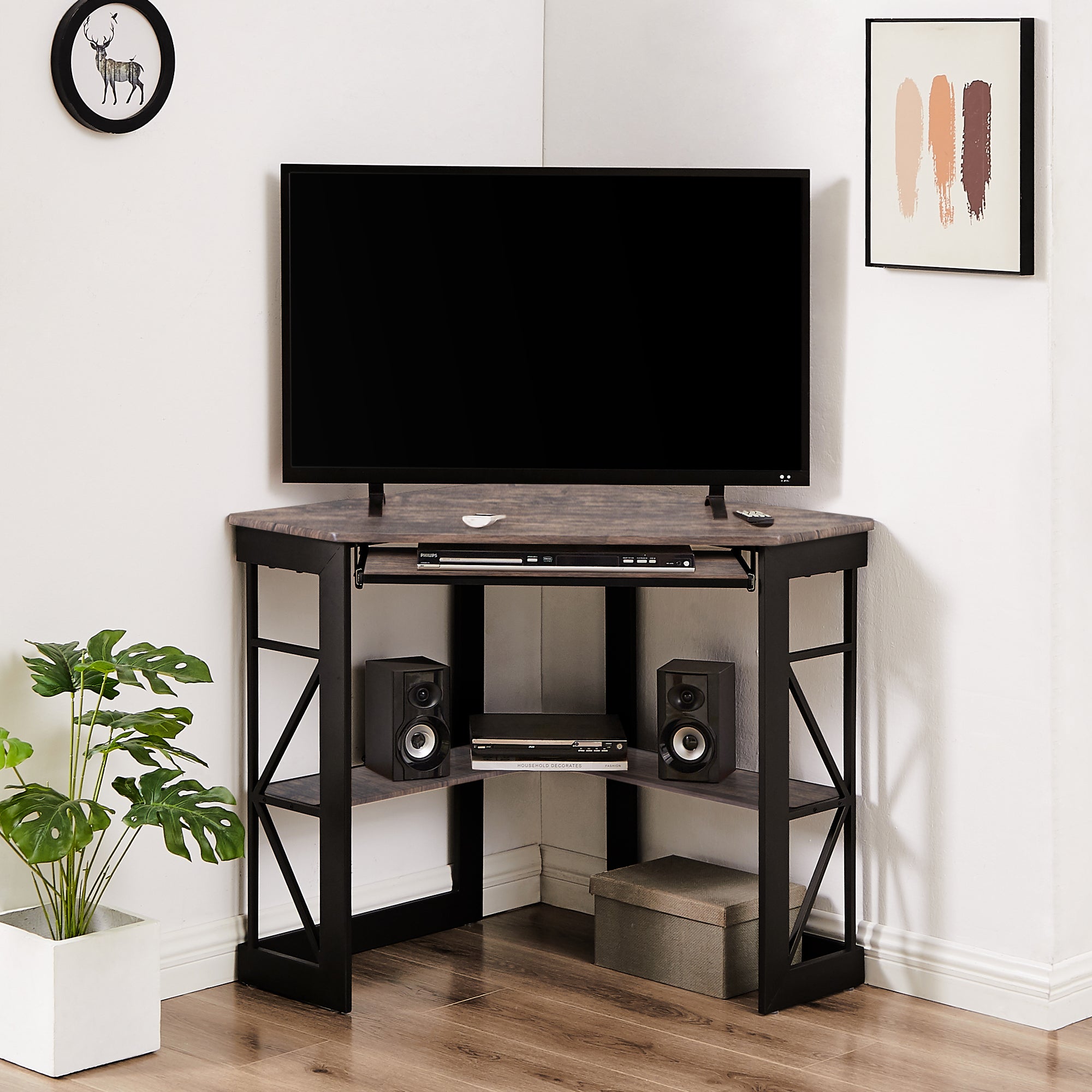 Vecelo LOE-XJM-CD03-BRN Corner Desk Computer Desk Writing Table with Smooth Keyboard Tray and Storage Shelves Compact Home Office Triangle Table