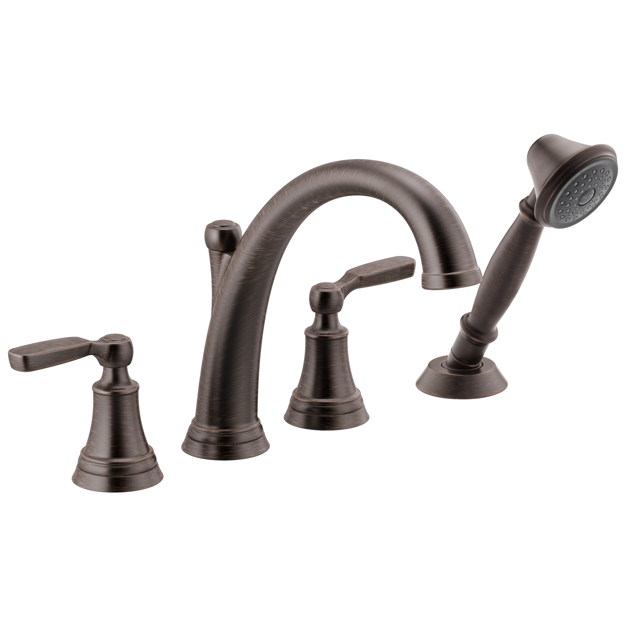 Delta T4732-RB Woodhurst Venetian Bronze 2-handle Deck-mount Roman High-arc Bathtub Faucet with Hand Shower