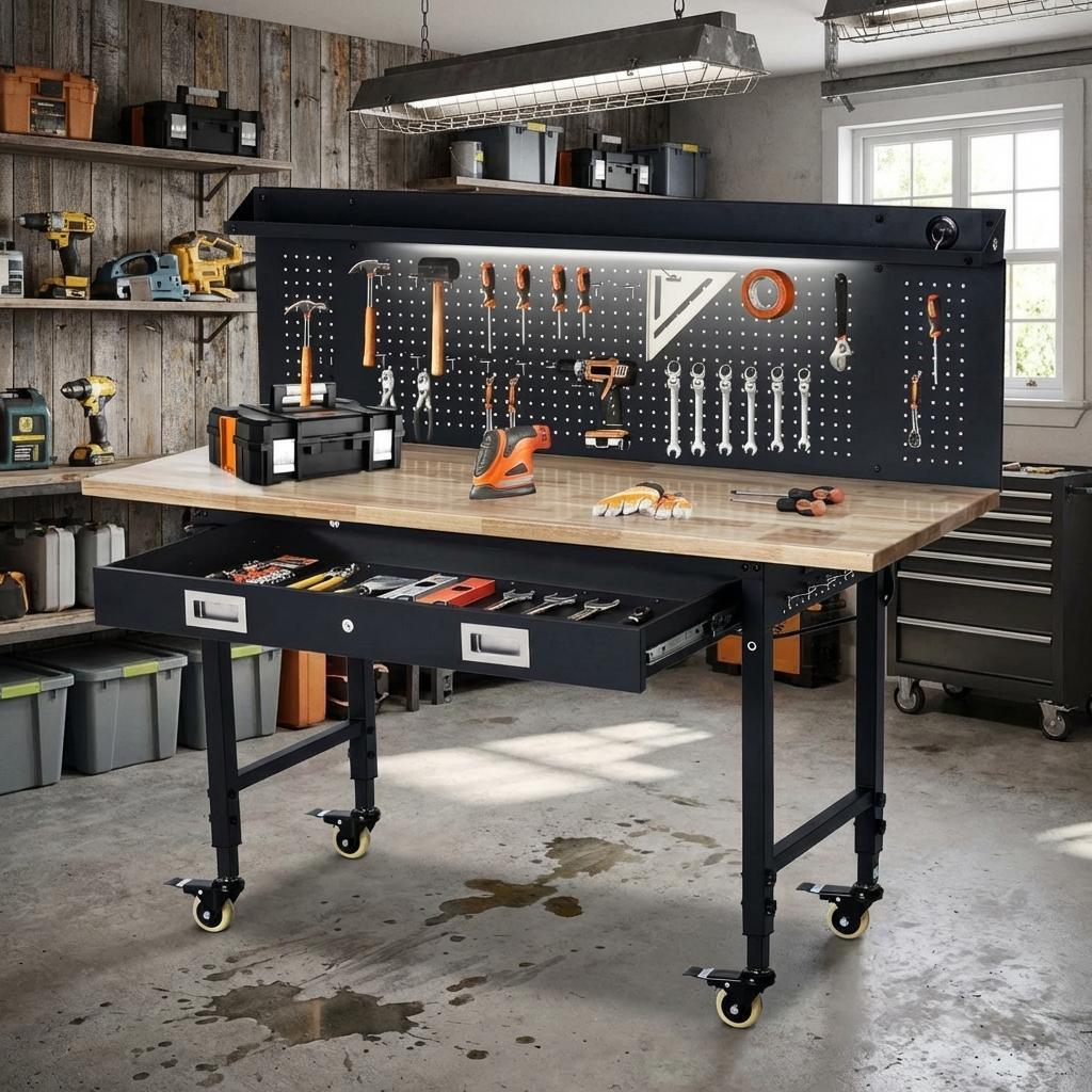 Encore Beets 60 Inch Height Adjustable Rolling Workbench 2000 Lbs Capacity Rubber Wood Top Pegboard Power Outlet #NOVA-31Y9AJE6B2M