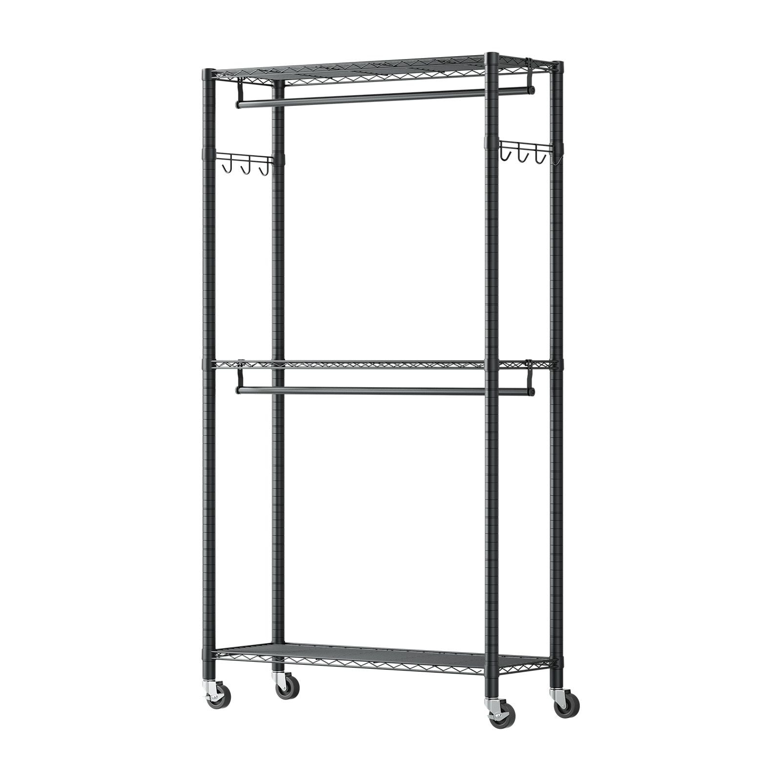 JUSHUA Rolling 3 Tier Carbon Steel Clothes Rack with Shelves Hooks and 450 lb Capacity #MT-7RQT0J