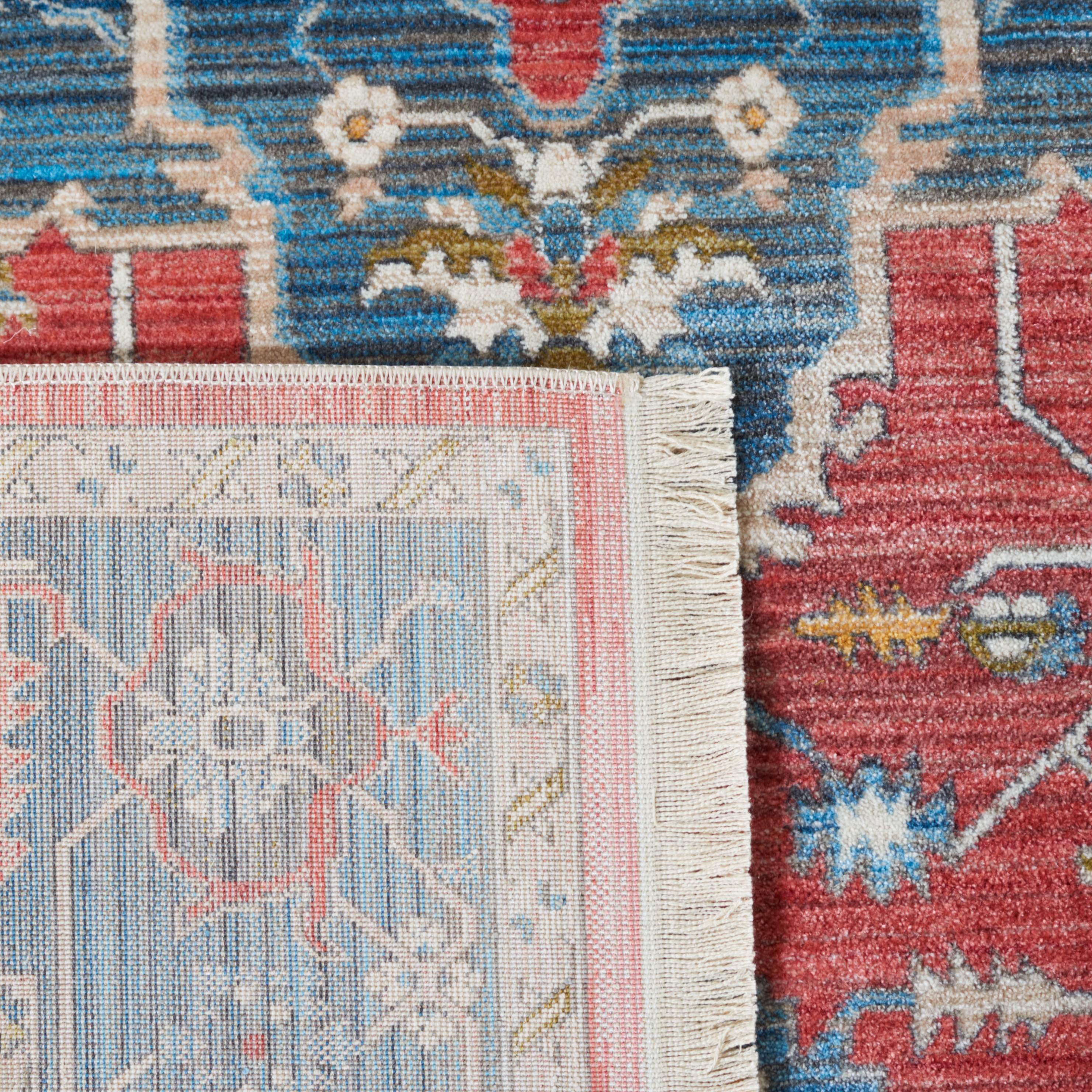 Red and Blue Floral Motif Low Pile Runner Rug