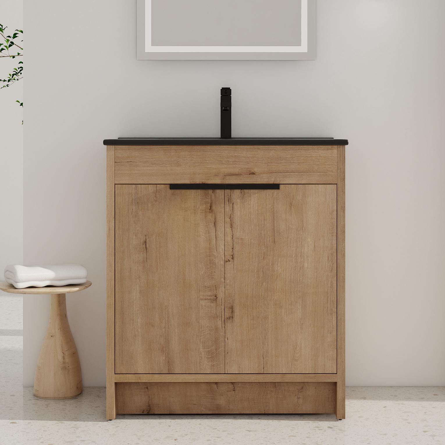 WELLFOR GLEM-69327 30-in Imitative Oak Single Sink Floating Bathroom Vanity with Black Ceramic Top