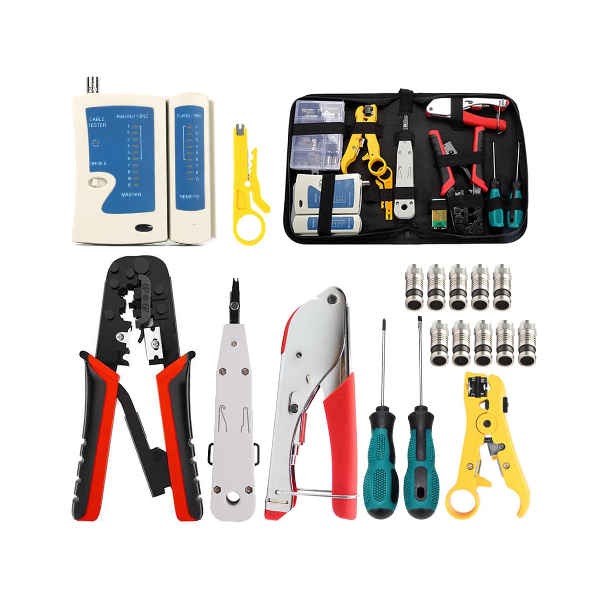 Etokfoks  Network Tool Kit Coax Crimper Tool Kit Coaxial Compression Stripping Tool Set Crimper Krone Punch Down Tool Zipper Case
