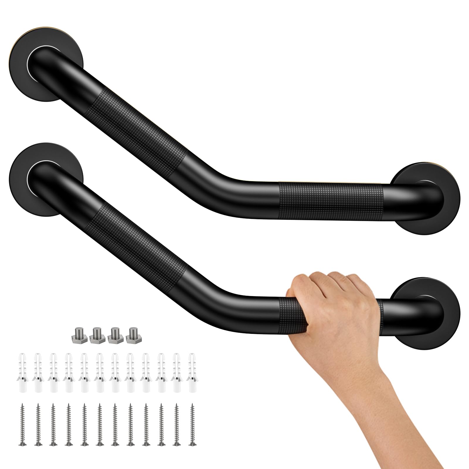 TNSO Black 16 IN 2 Pack Angled Shower Grab Bar Anti Slip Knurled Stainless Steel Safety Hand Rail Support for Elderly Handicap Fall Prevention