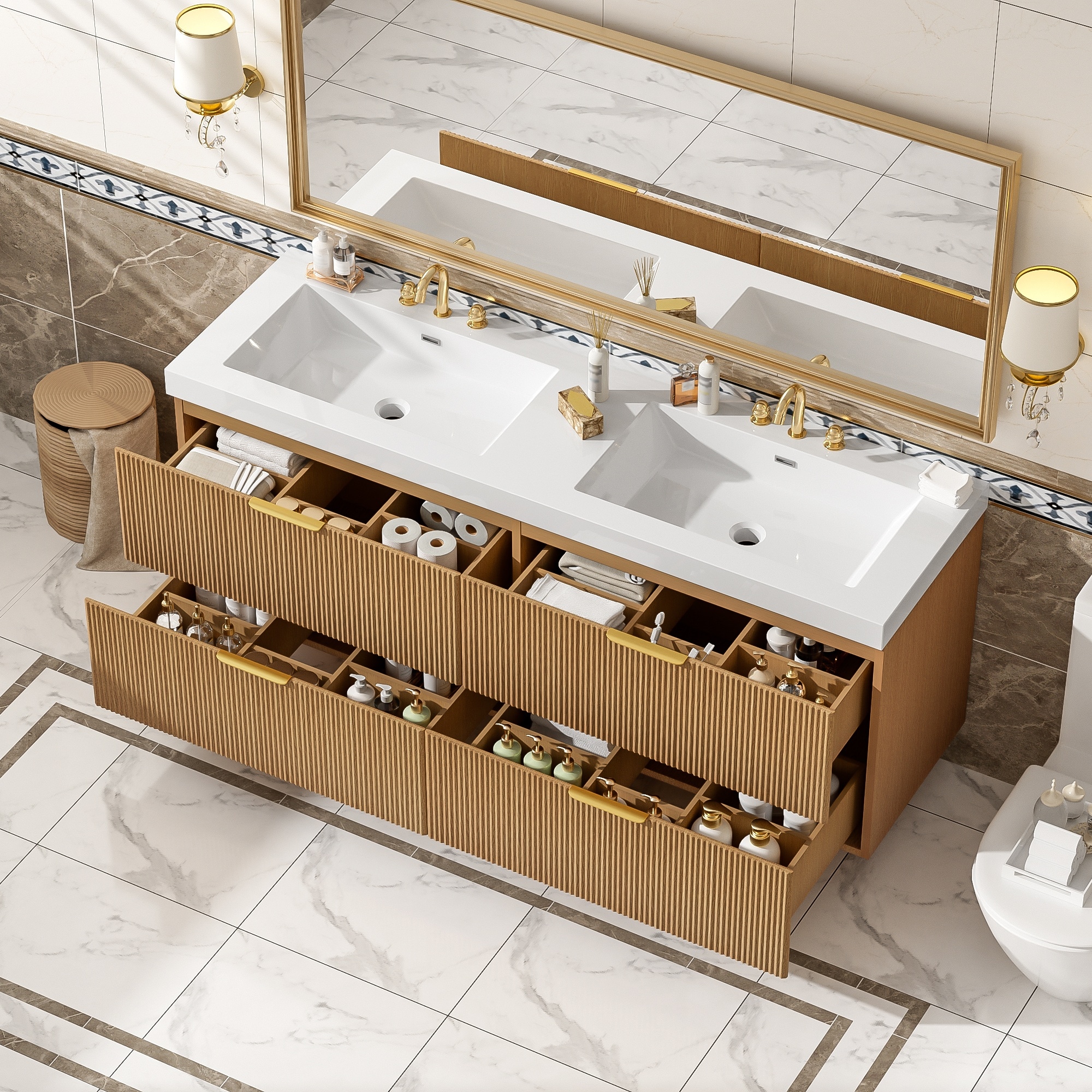 HyperDrop Cart 59.3 Inch Double Sink Bathroom Vanity with SMC Top Painted MDF Cabinet Soft Close Drawers Wall Mounted Modern Storage Vanity #B-4P9O7S8B2K7L