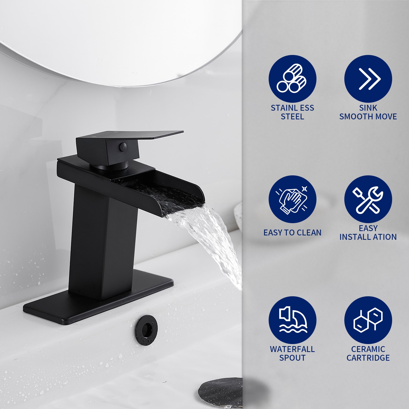 Matte Black Single Handle Waterfall Bathroom Faucet