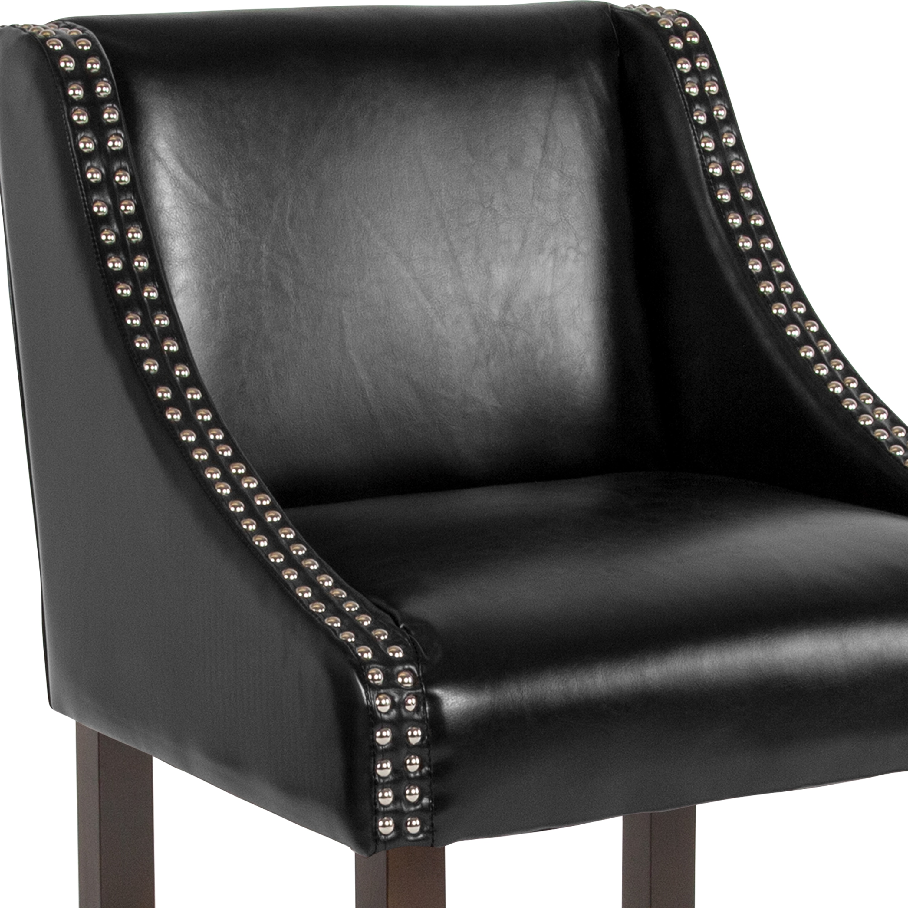 Black Leather 24" Wood Counter Height Stool with Nail Trim