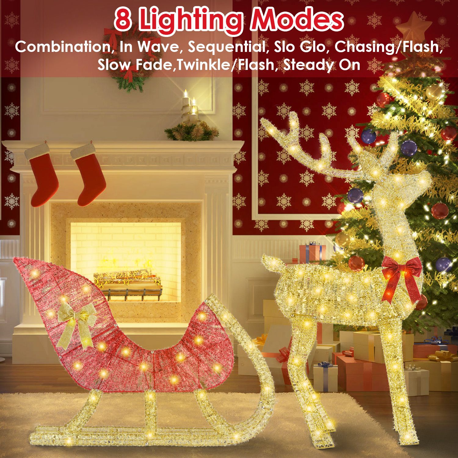 OBERSTER Lighted Christmas Reindeer Sleigh Indoor Outdoor Christmas Decoration Christmas Lighted Display with 8 Lighting Modes