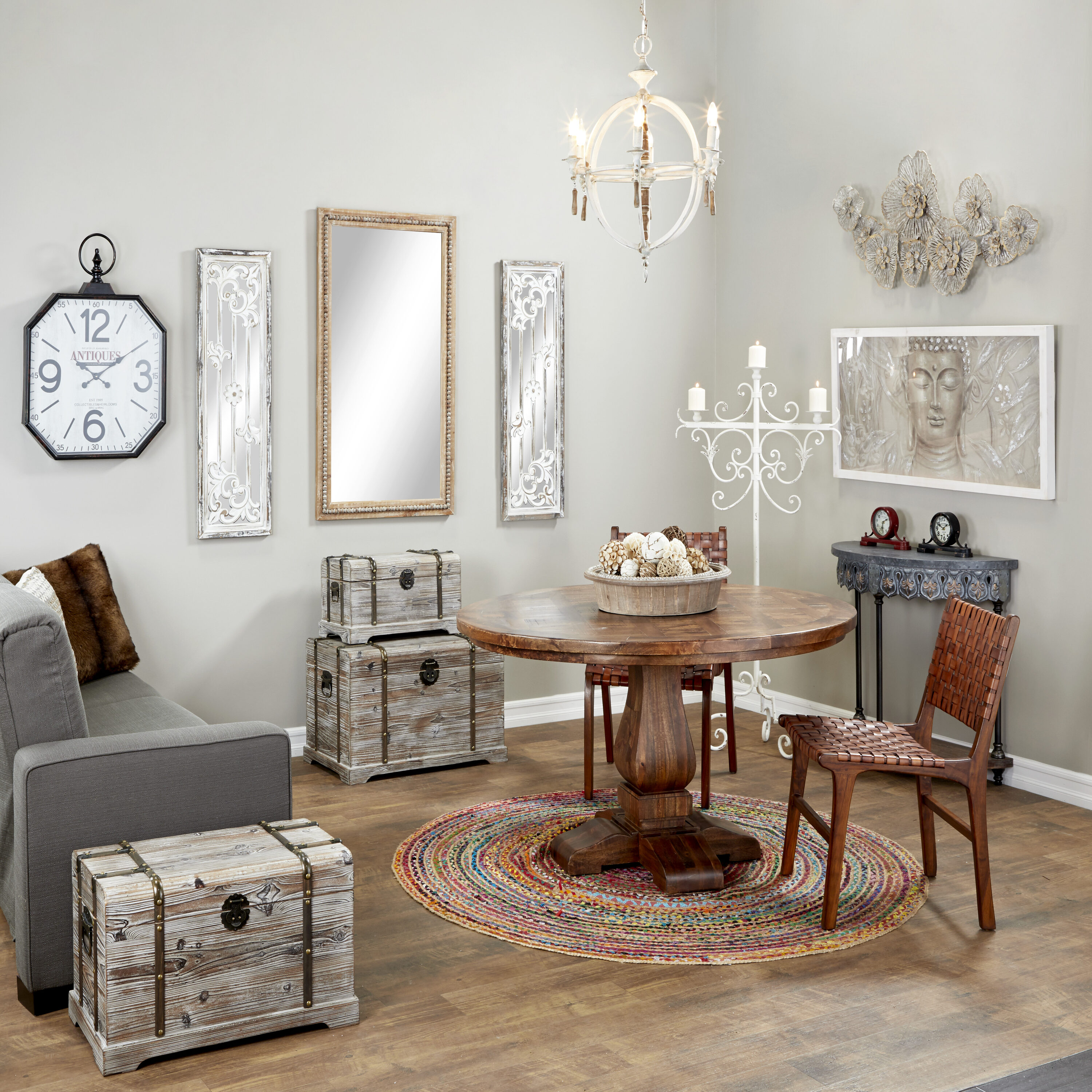 Tall Distressed White Metal Floor Candelabra with Scrolled Base