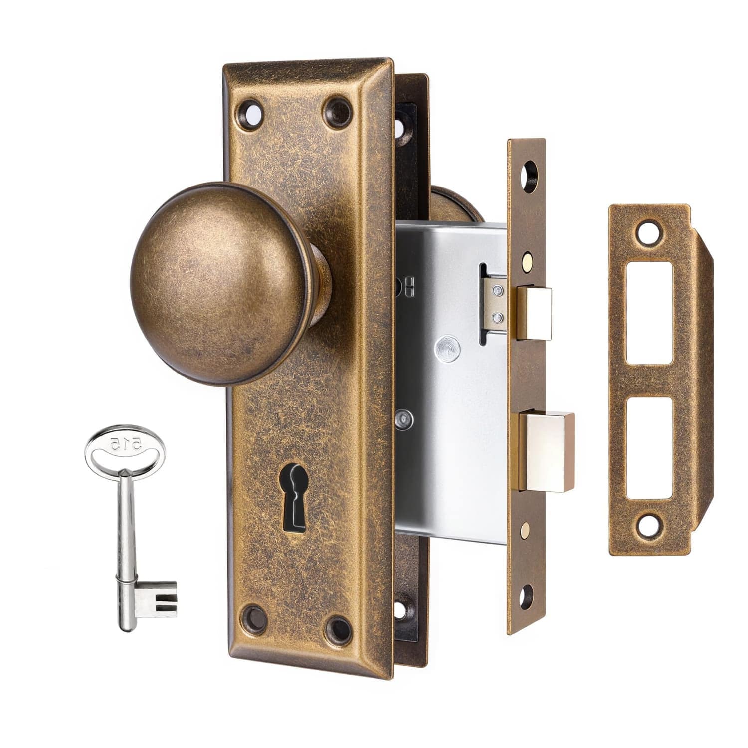 Angel Sar Vintage Brass Door Knobs with Lock and Key for Interior Door