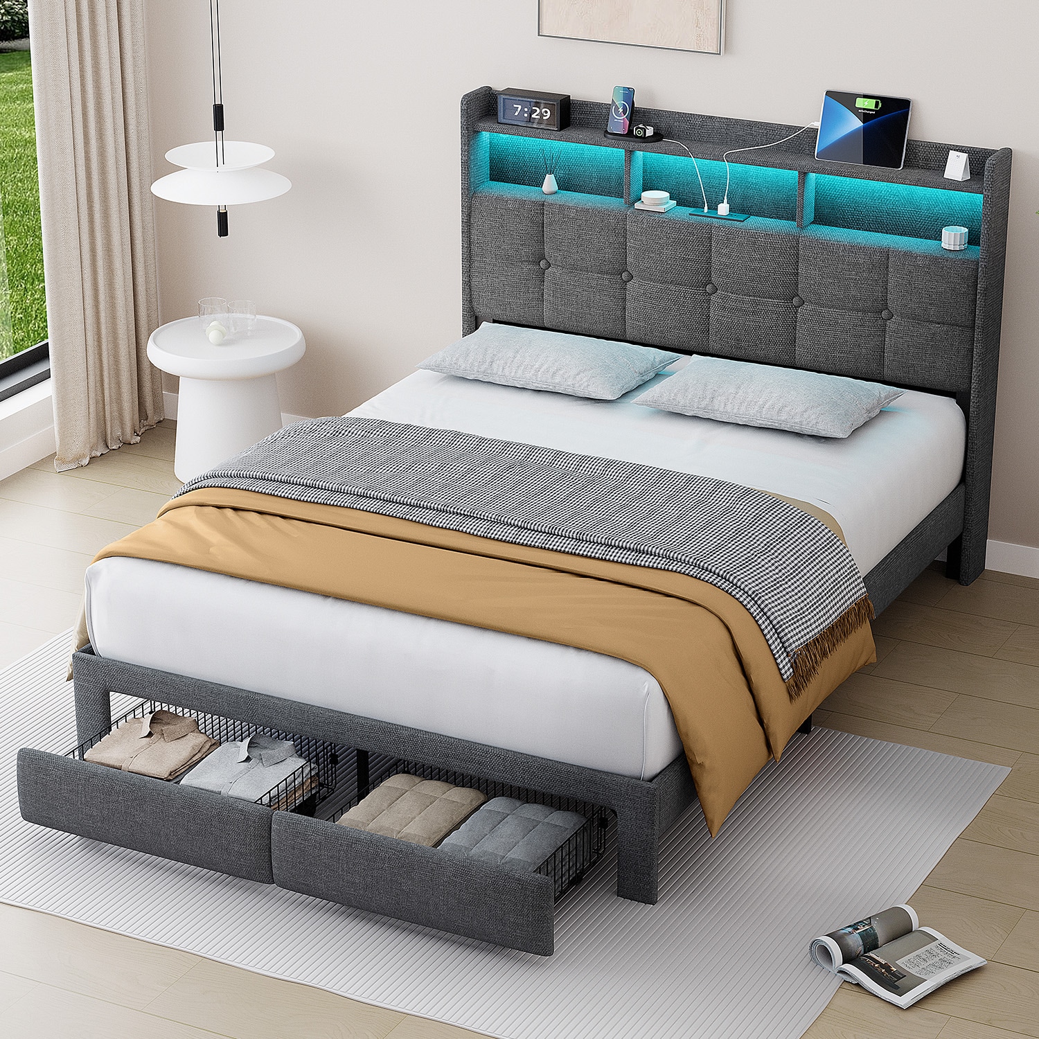 GZMR GZ-JH1349F Queen Size LED Bed Frame Light Gray Queen Wood and metal Bed frame Bed with Storage