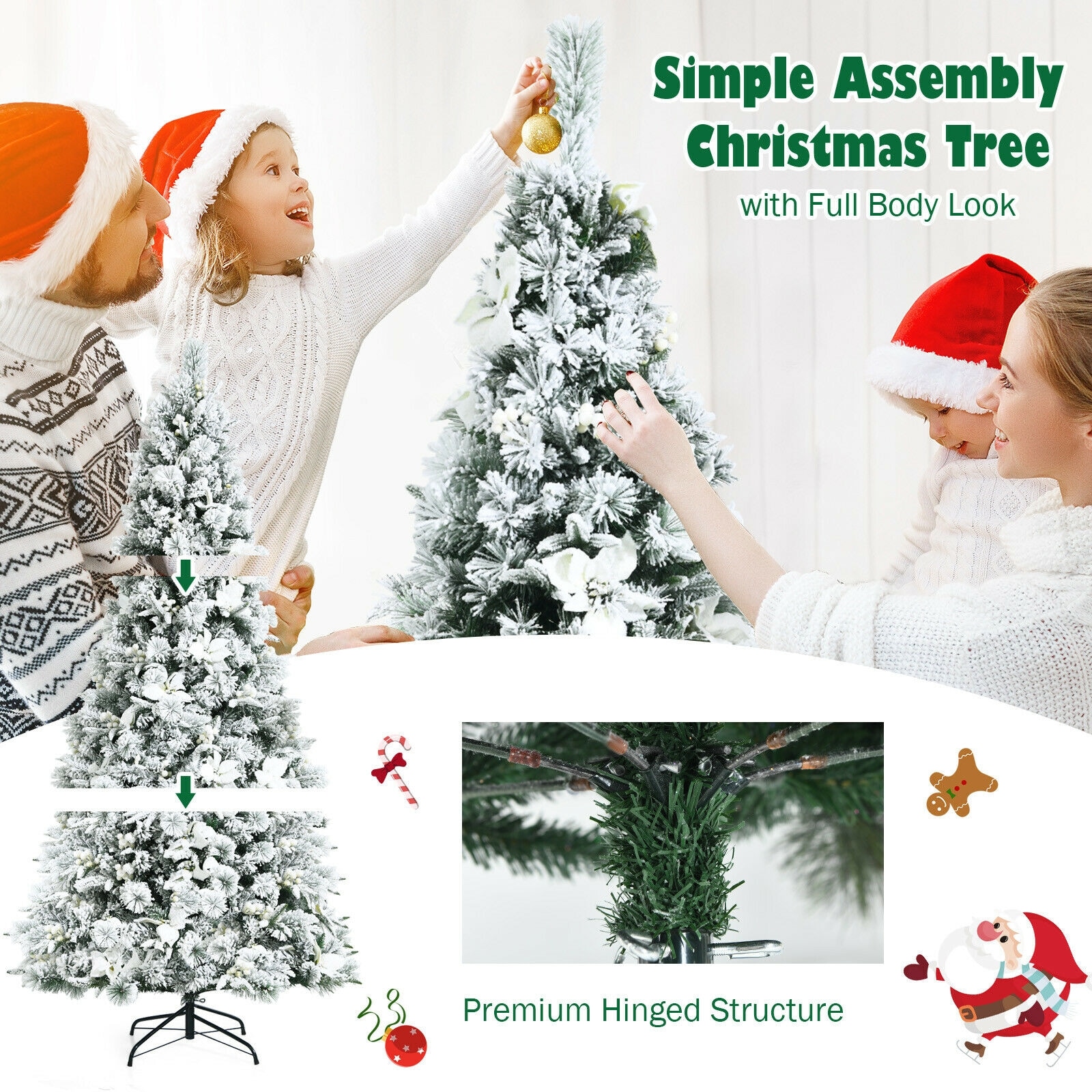 7-Foot Snow Flocked White Artificial Christmas Tree with Berries and Poinsettia Flowers