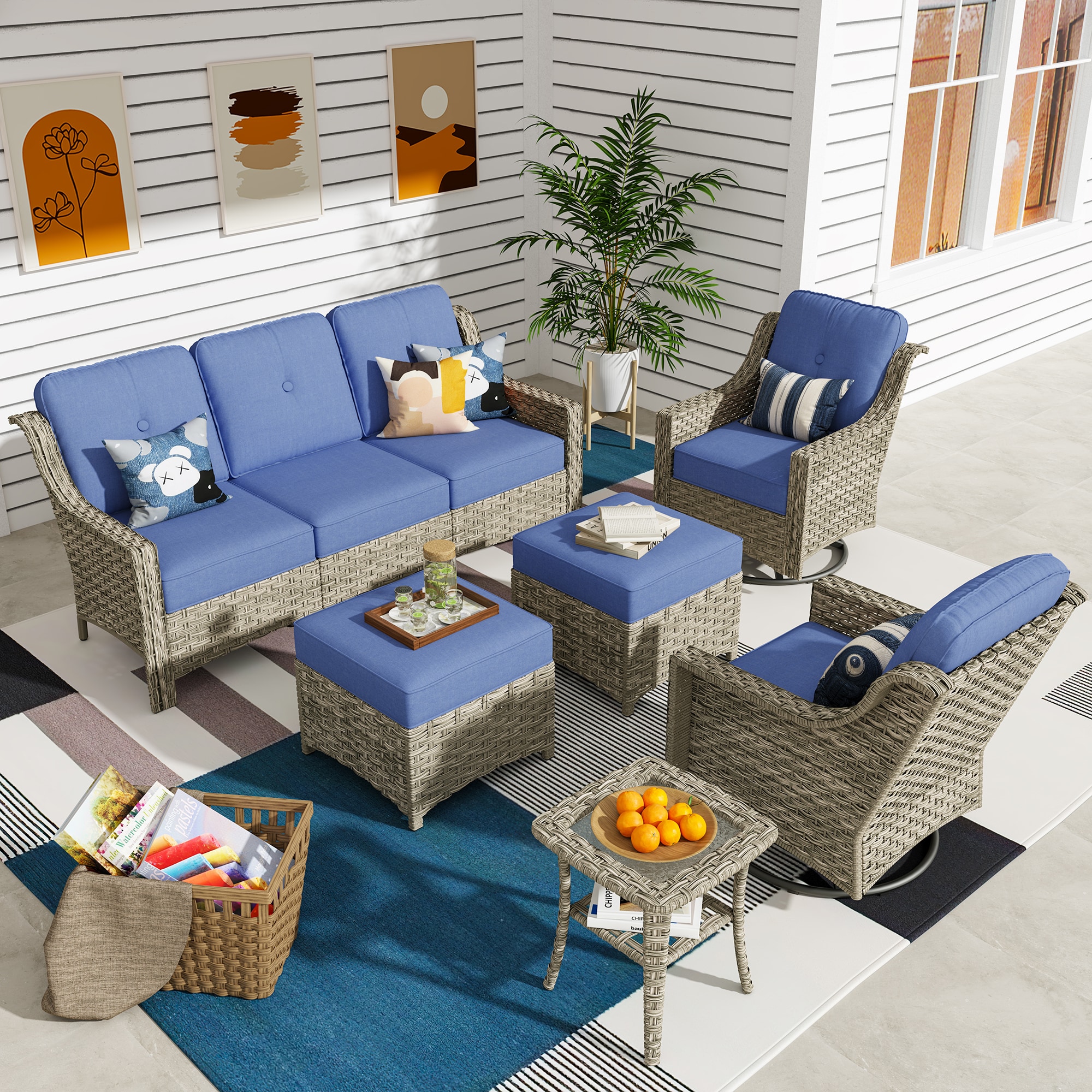 Ovios PD506Y 6-Piece Wicker Patio Sofa Conversation Set with Blue Cushions