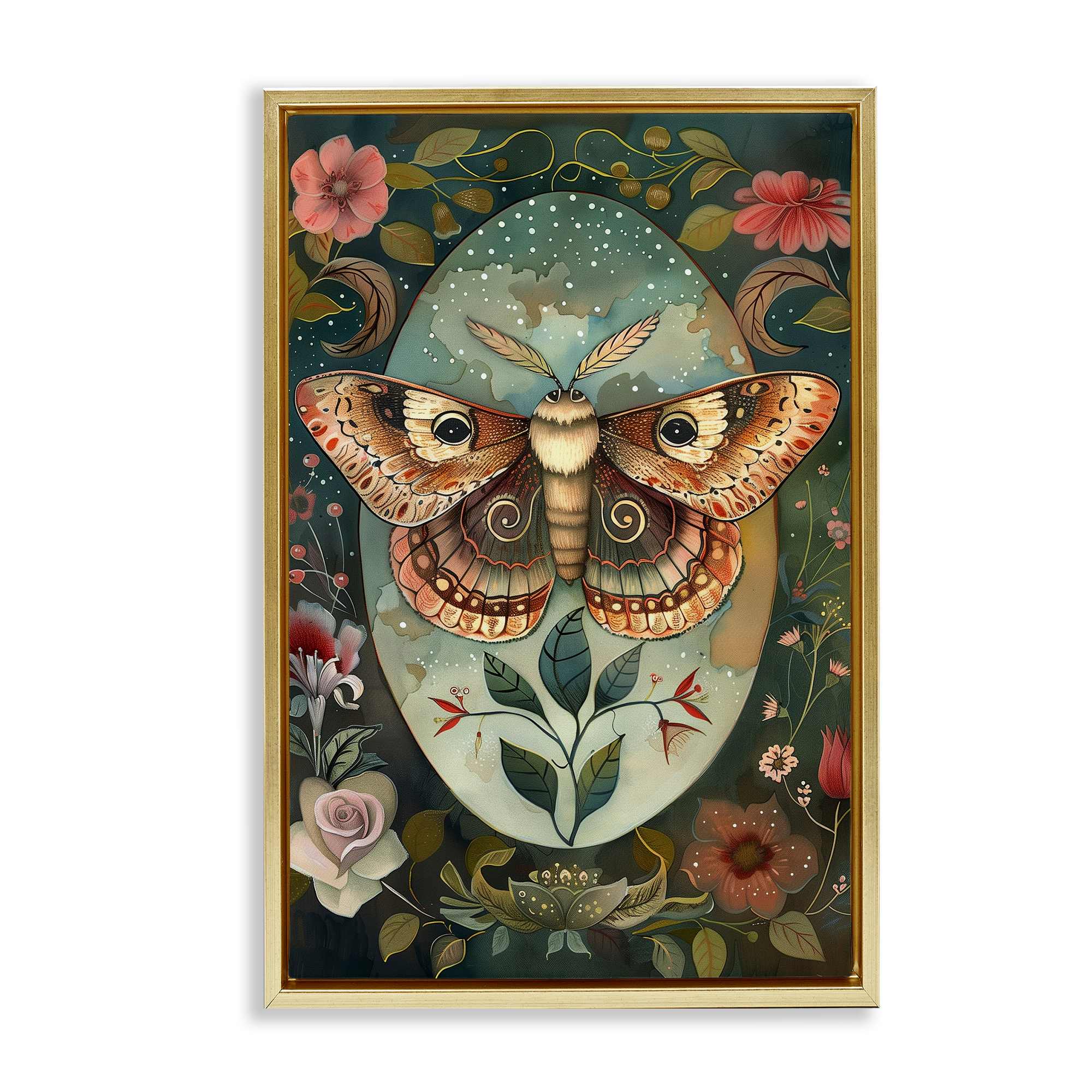 Stupell Industries BT-888-FFG-20X30 Moth with Blooming Florals Gold Framed Floater Canvas Wall Art By The Dutch Lady 21 x 31