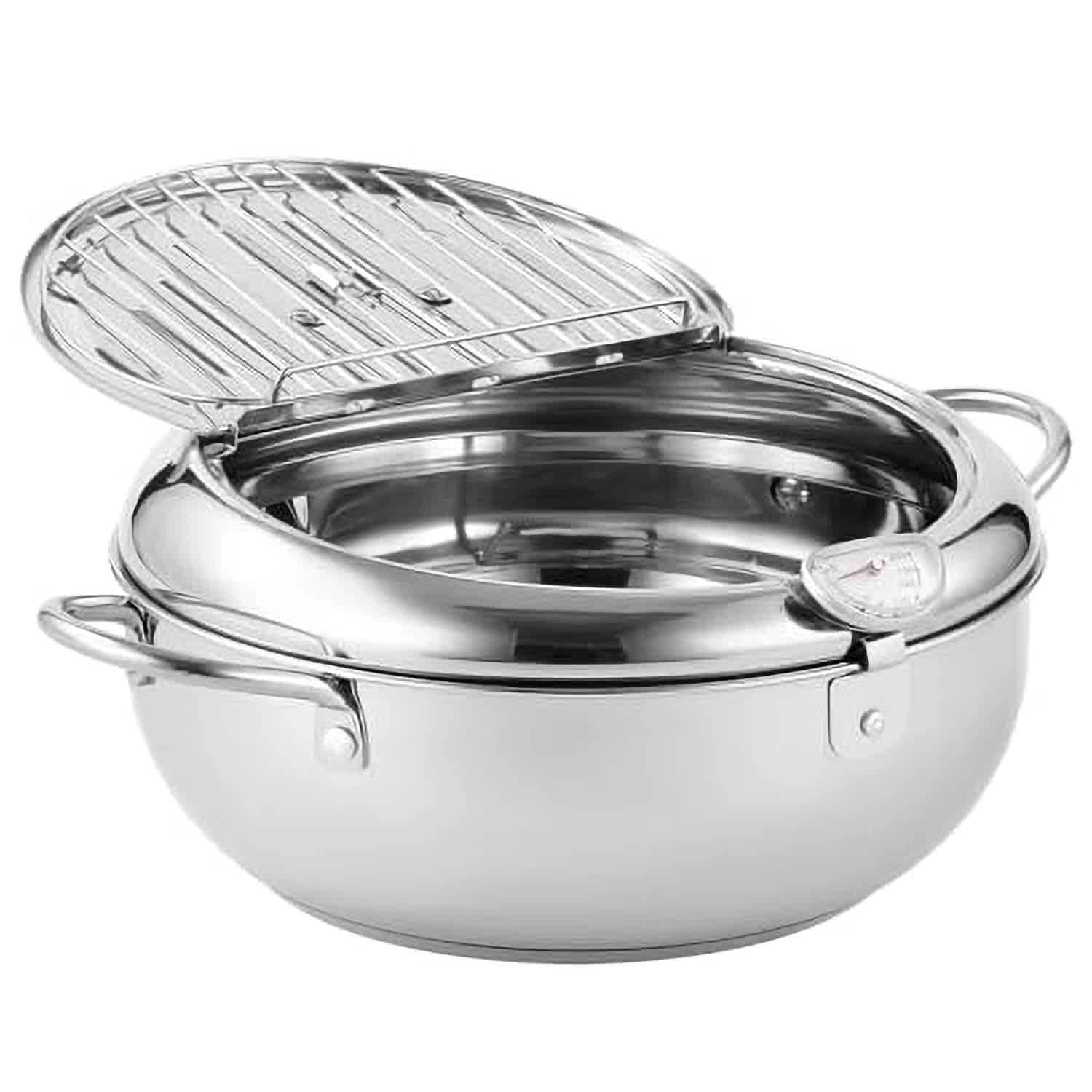 Etokfoks ETFP103130  11 Inch 4.2 L Stainless Steel Tempura Frying Pot with Lid and Thermometer Oil Filter Rack for Kitchen French Fries Chicken Fry