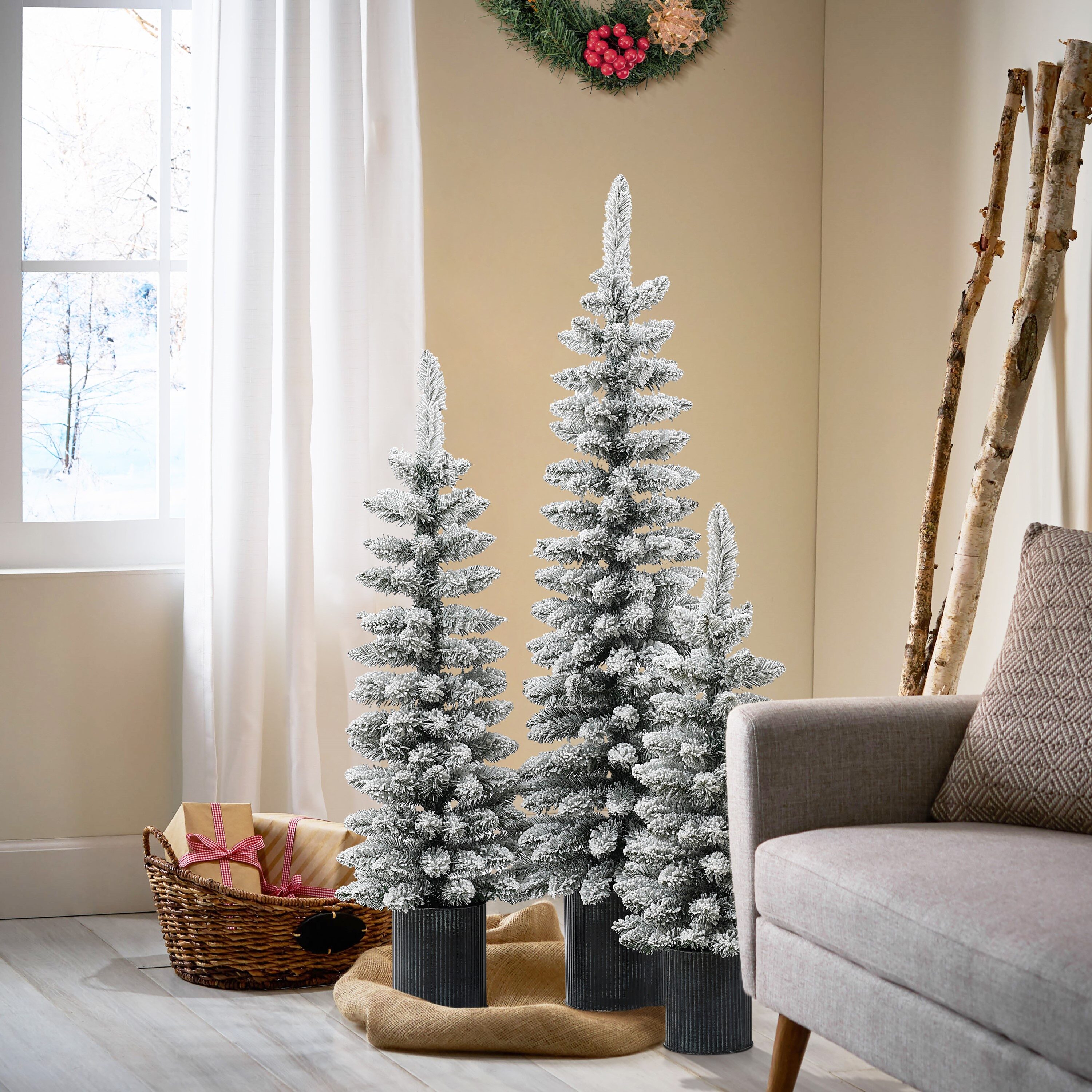 Set of 3 Snow-Flocked PVC Christmas Trees with Metal Pots