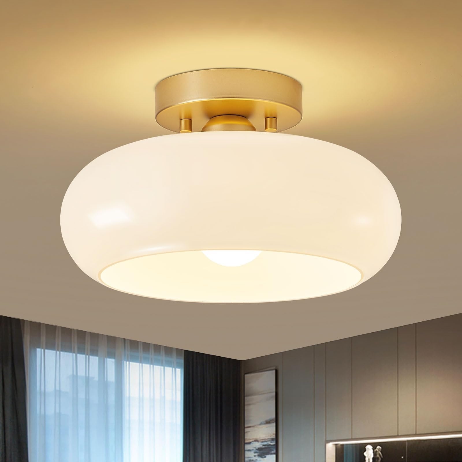 Oyezvary  1 Piece Mid Century Modern Gold Semi Flush Mount Ceiling Light 11 Inch Frosted Glass Shade E26 Dimmable for Hallway Kitchen