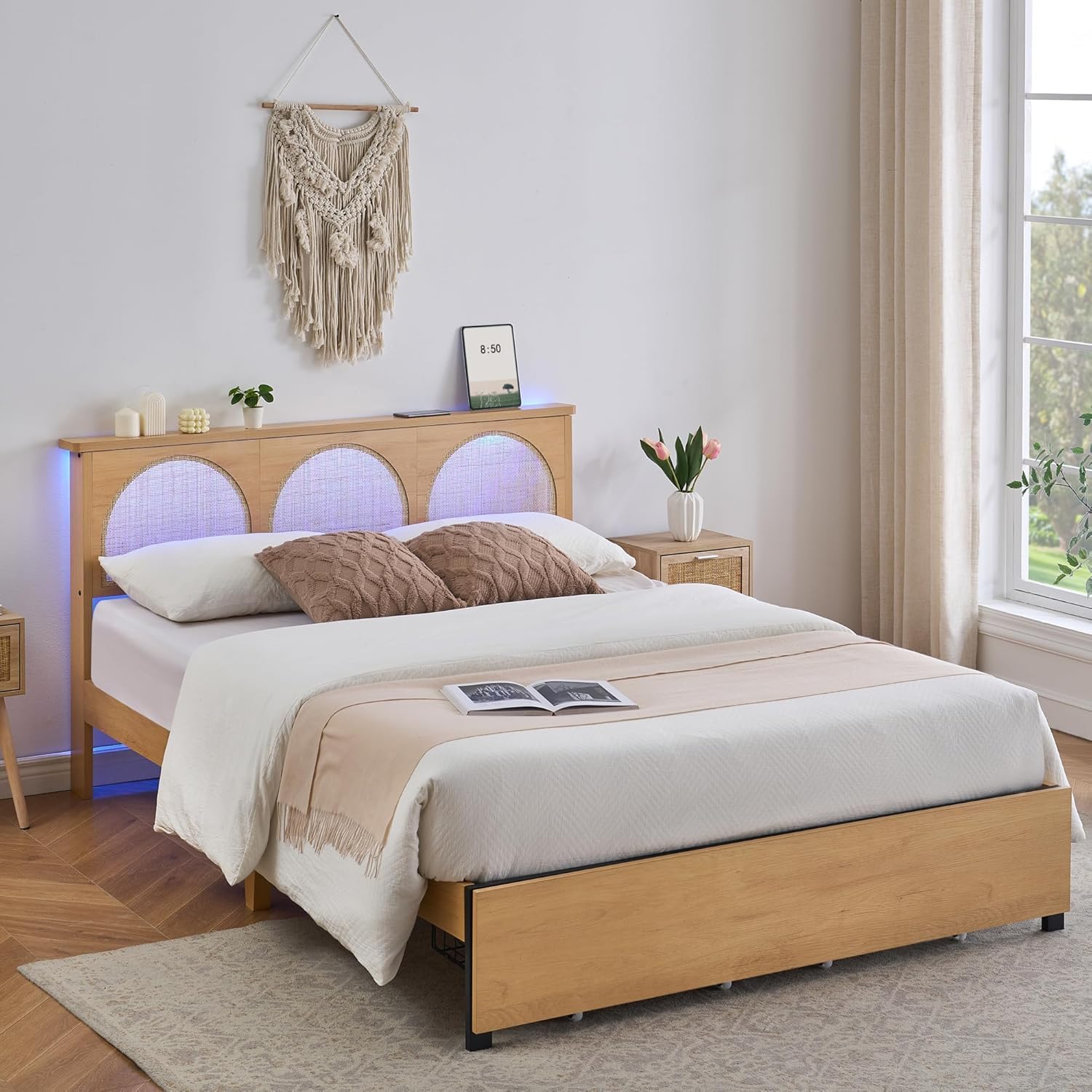 Qeetex PD-PHO-13X4RZQT Full Rattan Bed Frame With LED Lights-Headboard-Storage Drawers-Metal Platform-Wood Slats-No Box Spring Needed-Noise Free