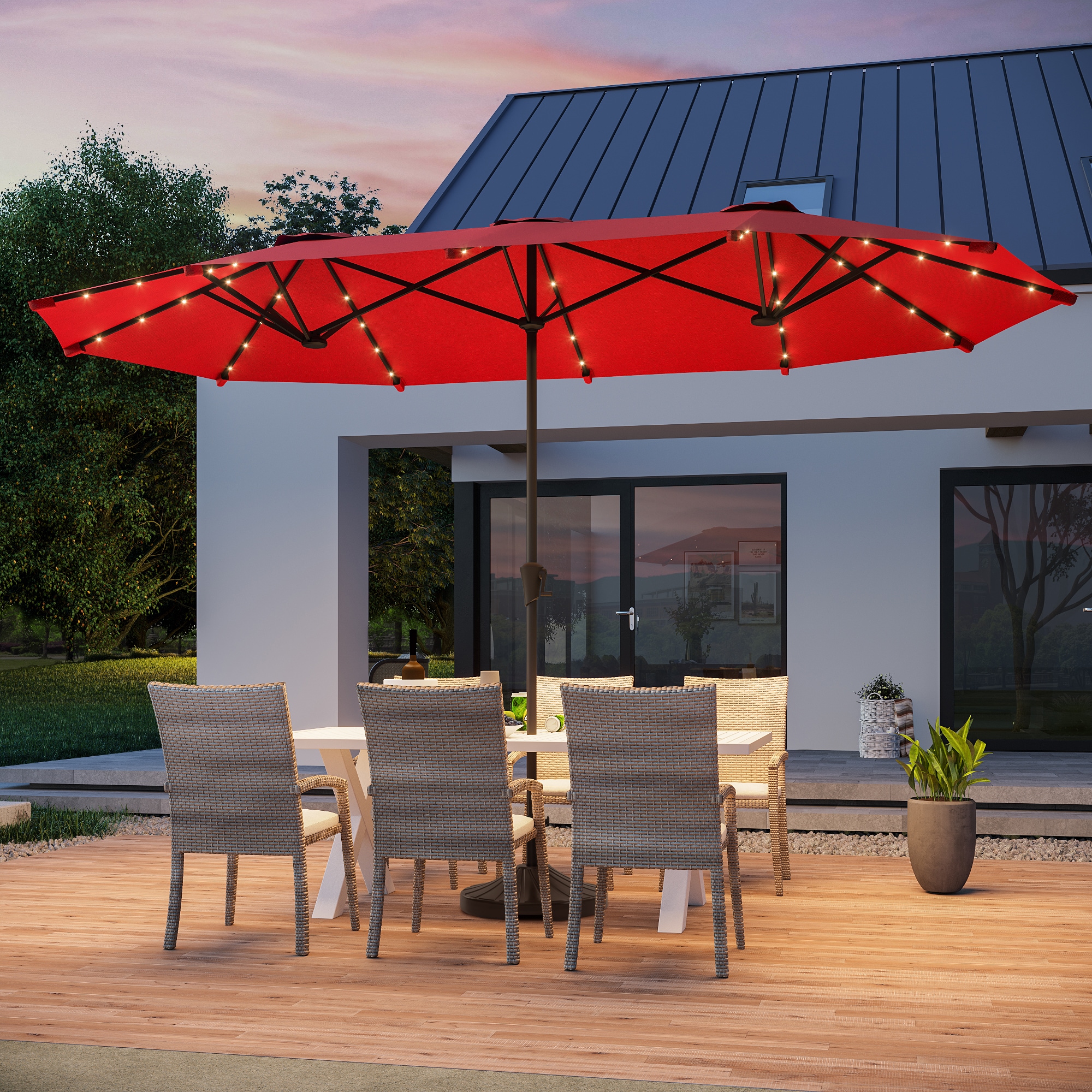 Sonkuki SD-JU-99RD 7.2-Feet Steel Red Market Patio Umbrella with Lights and