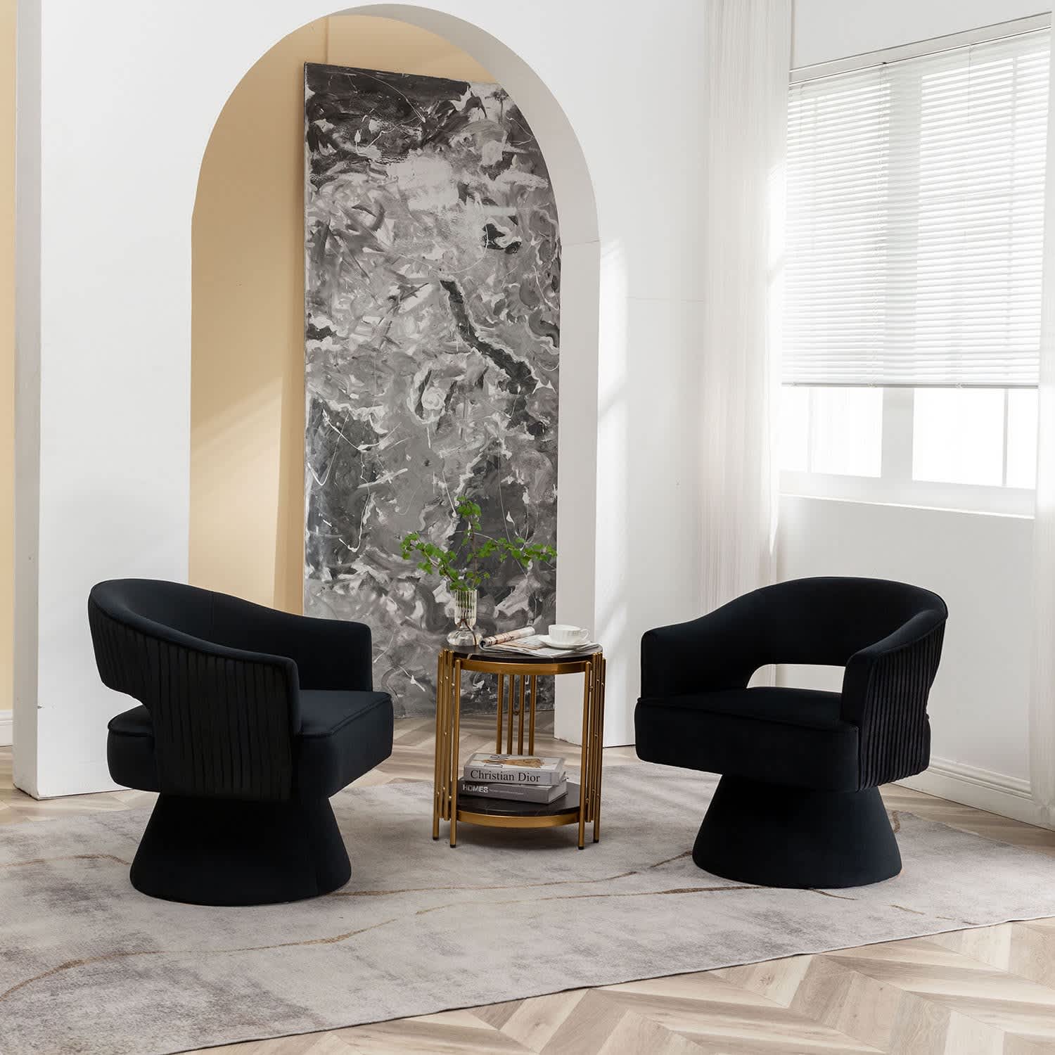 SEYNAR XY600-BLACK-S2 Modren Velvet 360 Degree Swivel Accent Arm Barrel Chair Set of 2 for Living Room