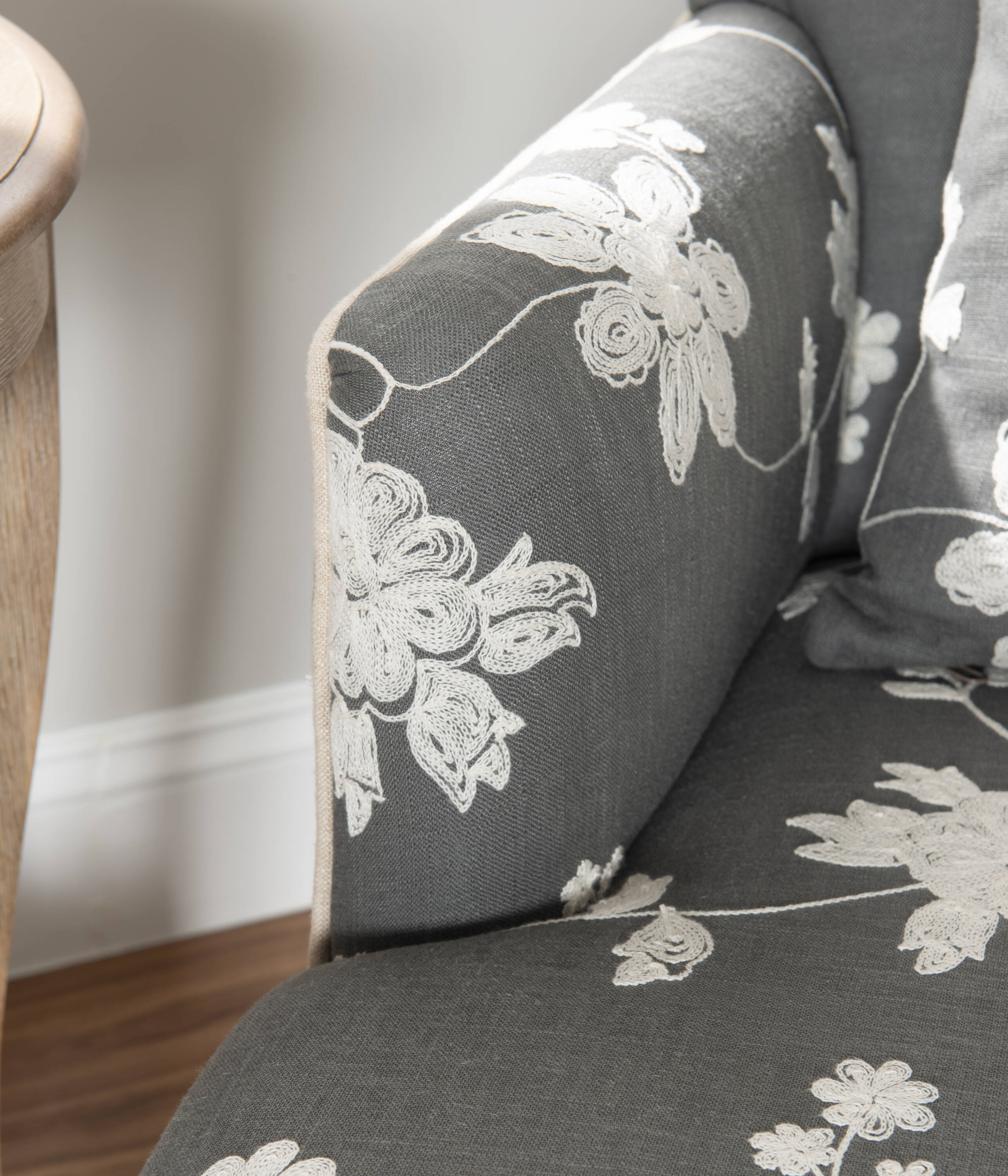Gray Floral Embroidered Upholstered Arm Chair with Pillow