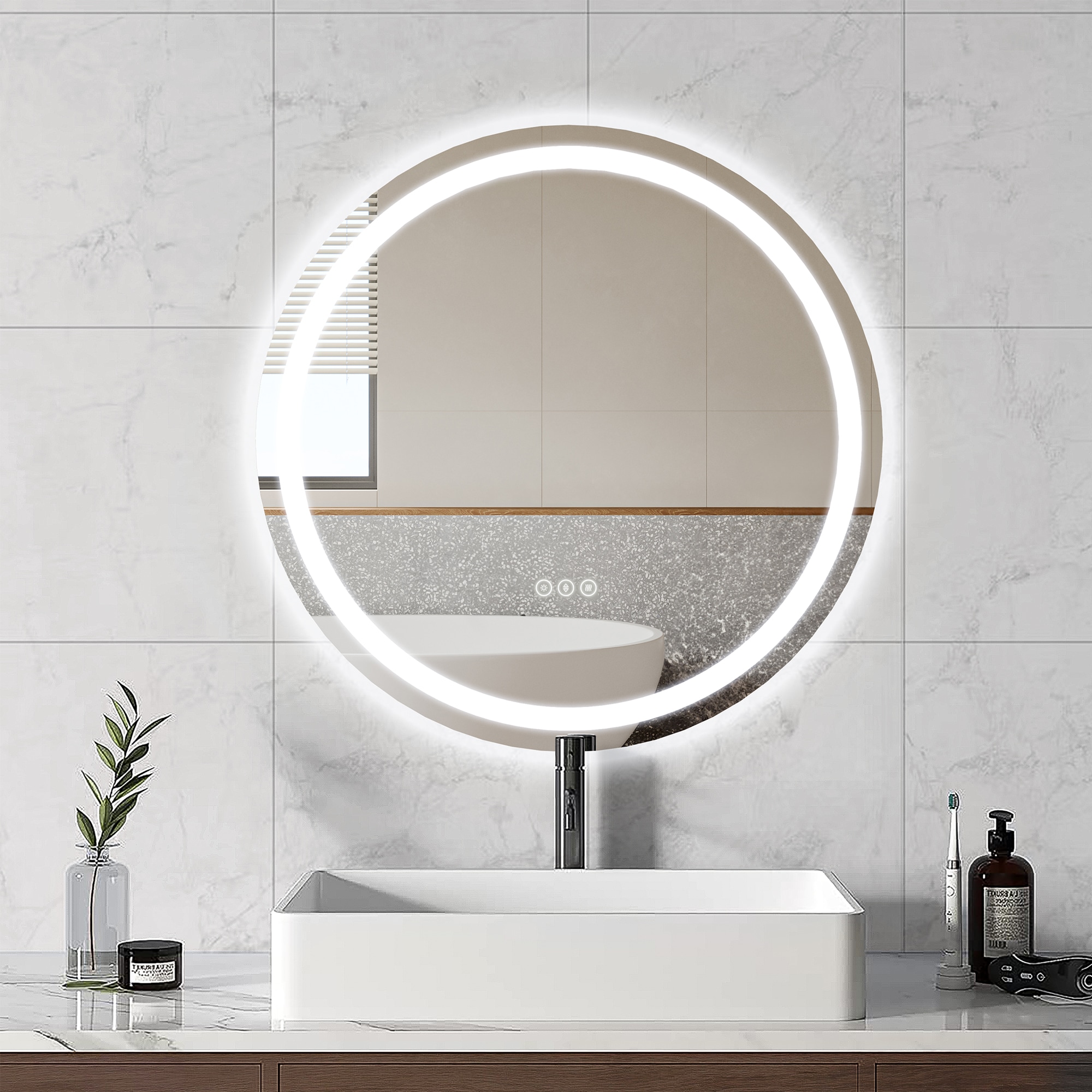 Maxax MR02-28 VM 28-in x 28-in Polished Frameless Round Dimmable LED Lighted Fog Free Bathroom Vanity Mirror ( Silver )