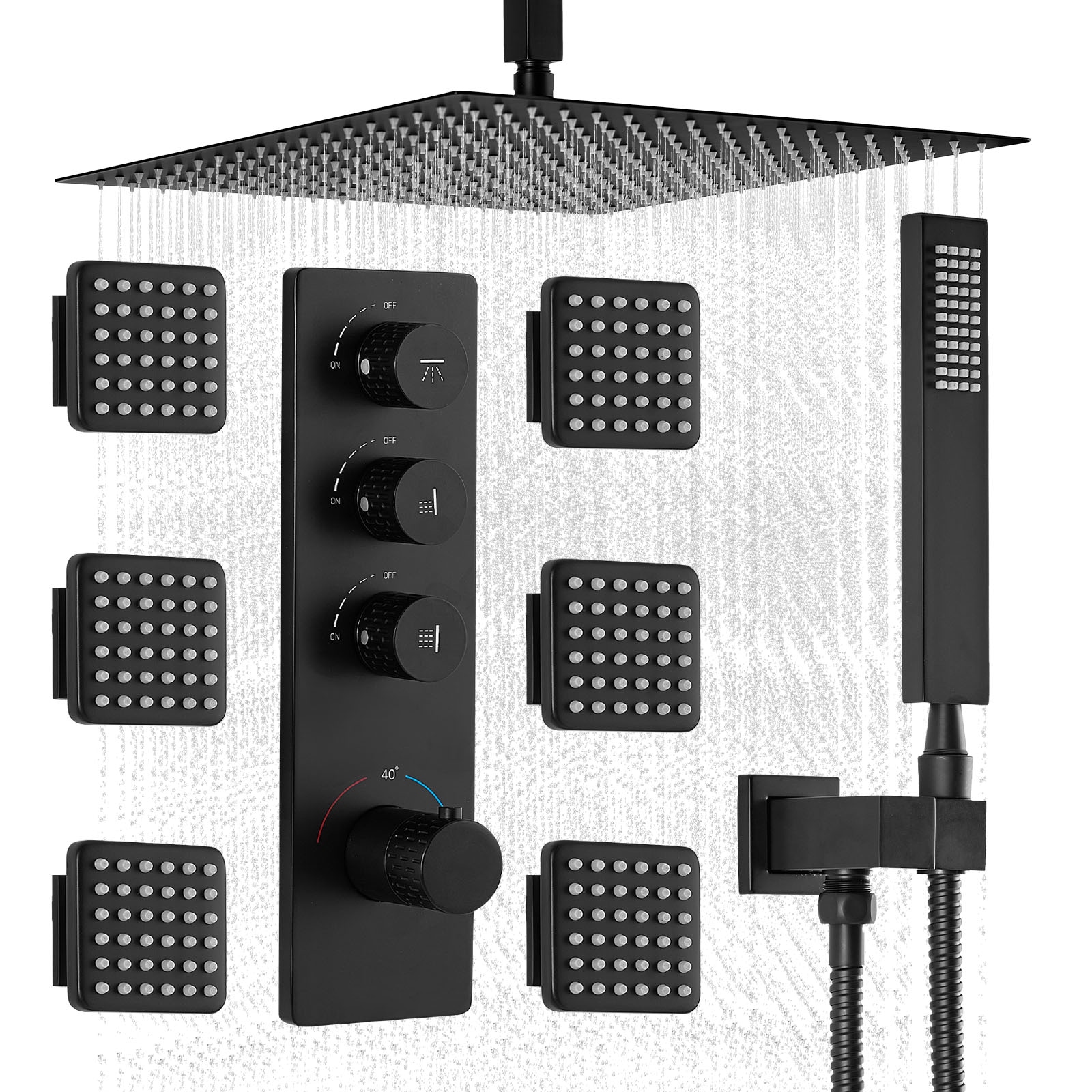VEVOR Shower Faucet Set  16 Inch Thermostatic Ceiling Mount Rainfall Shower System with 6 Body Jets and Handheld Spray  Rotatable 3-Function Rain Head Complete Brass Valve and Trim Kit  Matte Black