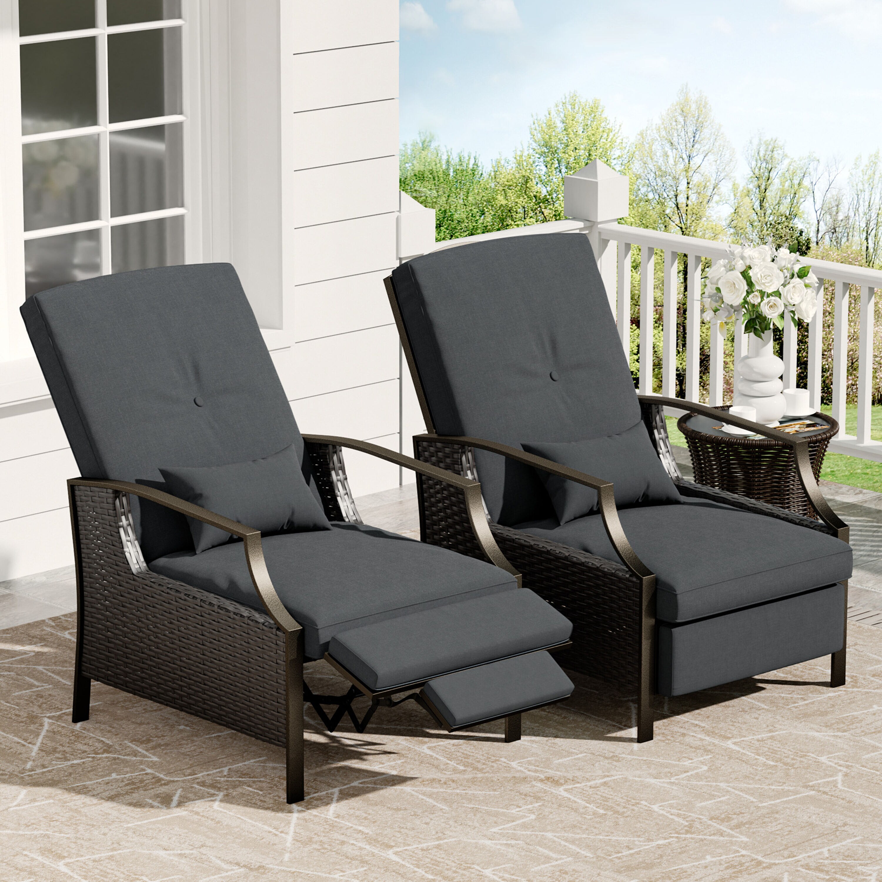 JEAREY Patio Adjustable Lounge Chair Rattan Black Steel Frame ...