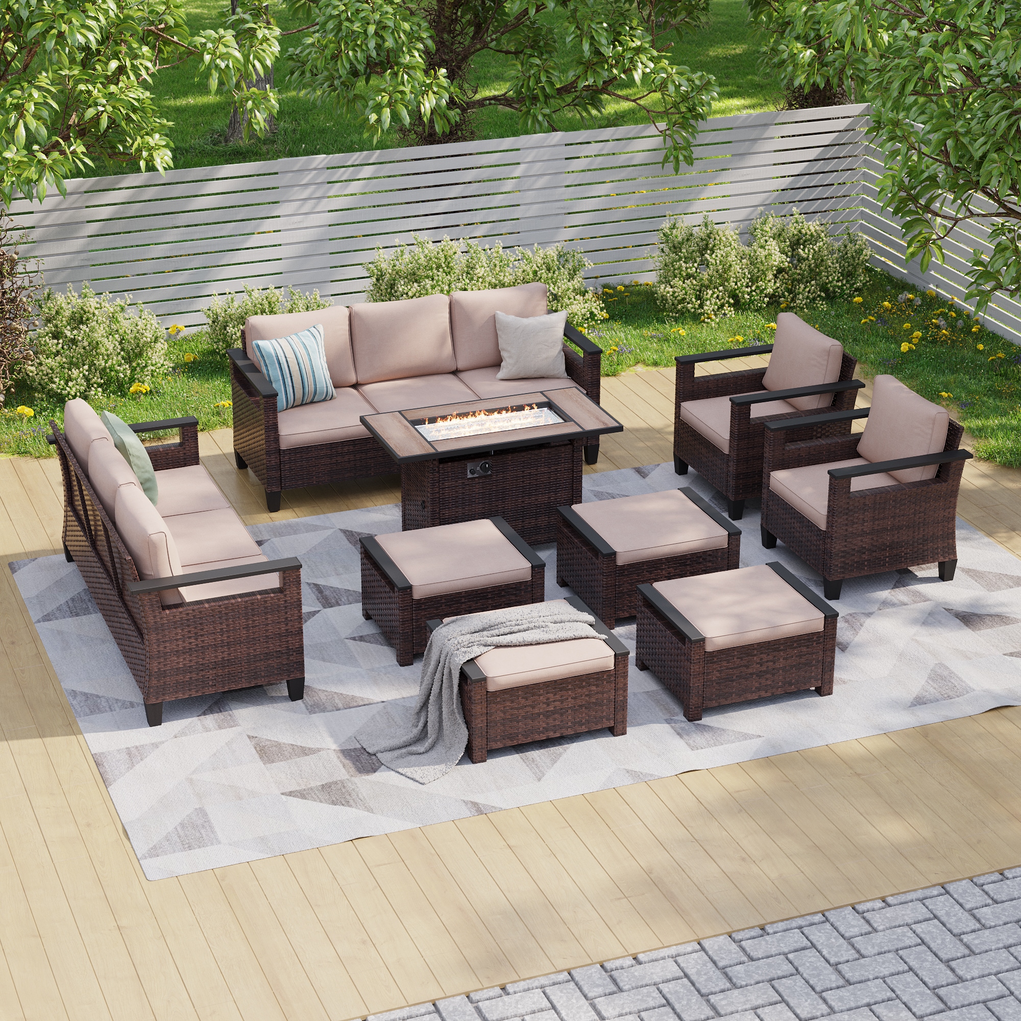 Sonkuki SD-PS-126BSD-S1T5 Patio Conversation Set 9 -Piece Wicker 2 Patio Sofa Conversation Set with Beige Cushions