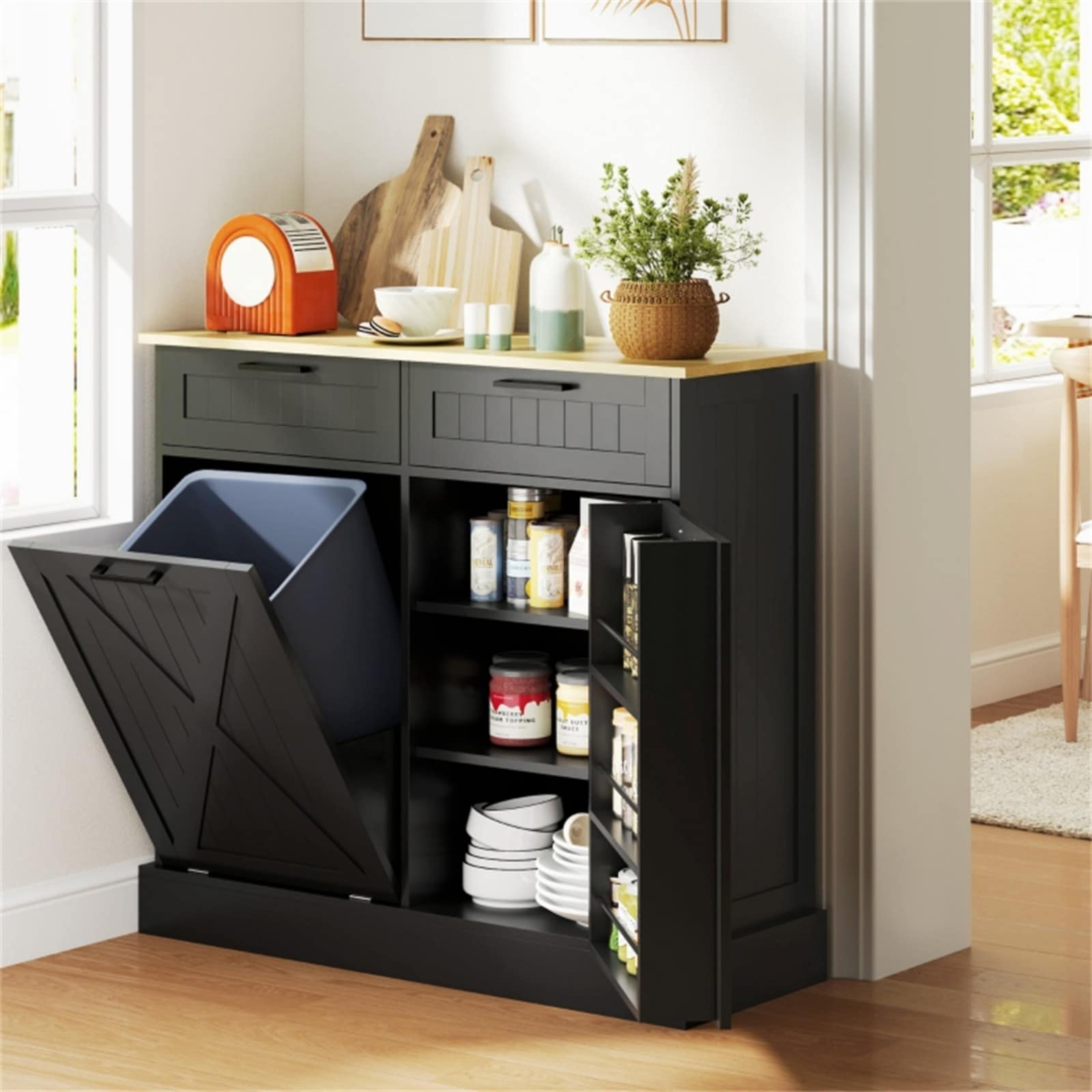 GlasFlength  39 Inch Multifunctional Kitchen Storage Cabinet with Tilt Out Trash Bin Storage Cabinet with Drawers Kitchen Cabinet for Kitchen Dining Room Black