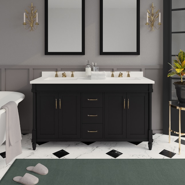 Martha Stewart Highfield 60 In Impress Black Undermount Double Sink Bathroom Vanity With Yves Cultured Marble Top The Vanities Tops Department At Com - Best Bathroom Sink Pipe