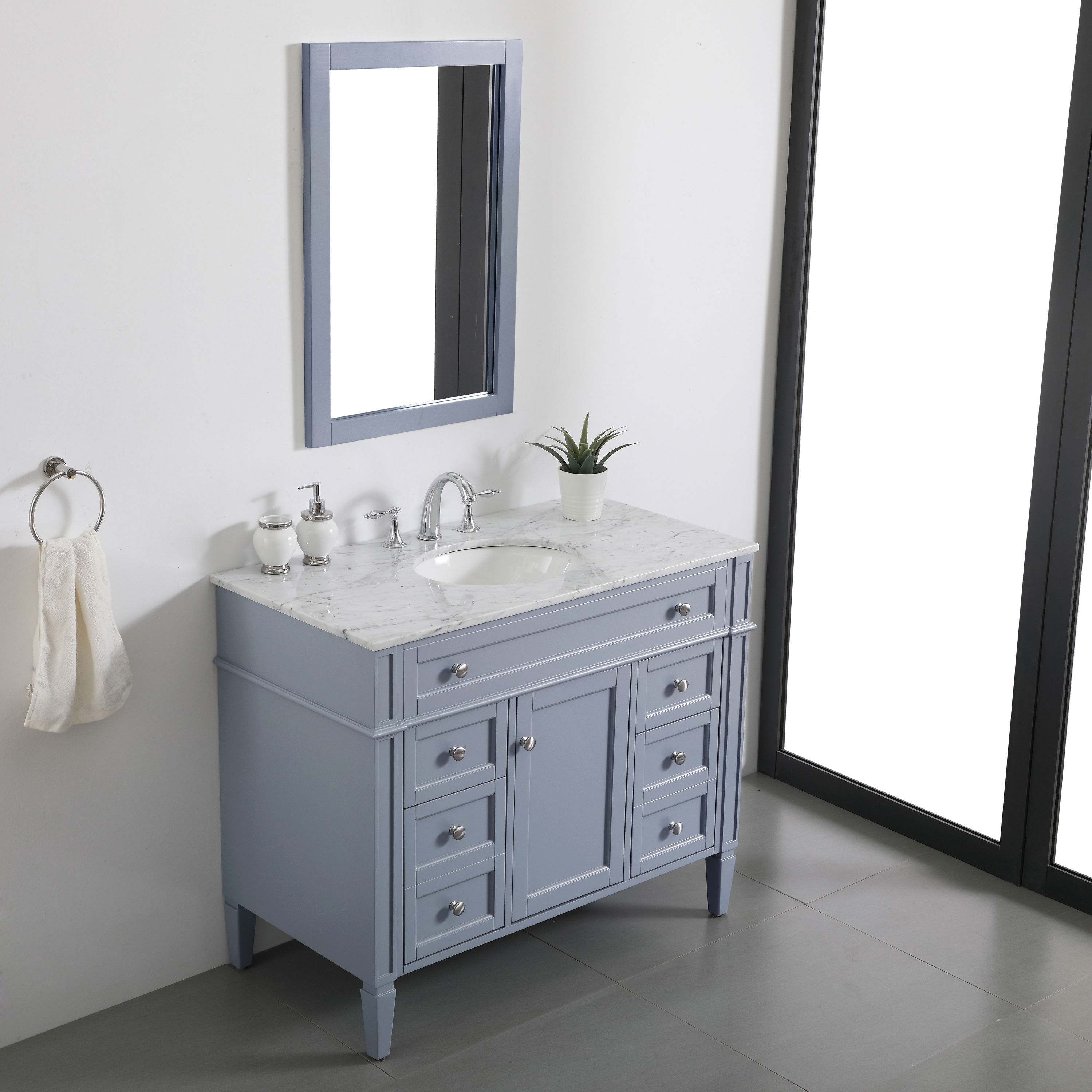 Gray Solid Wood and Marble Single Bathroom Vanity with Porcelain Sink