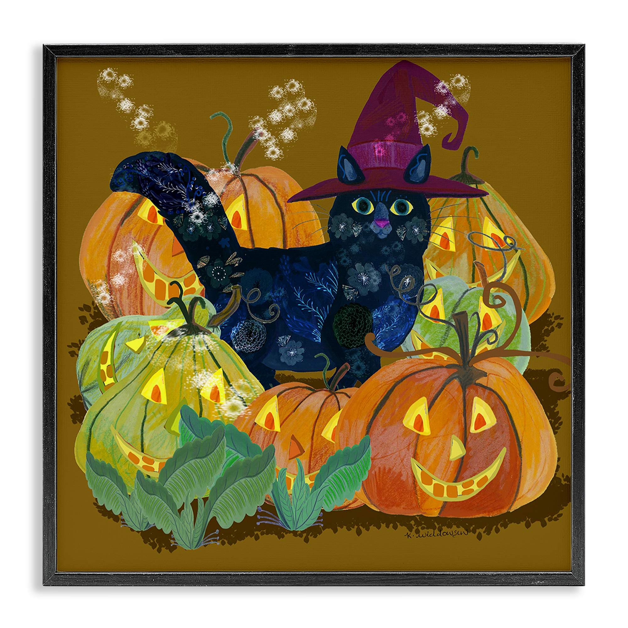 Stupell Industries BS-592-FR-12X12 Cat with Jack-o-Lanterns Black Framed Giclee Art By Kay Widdowson 12 x 12