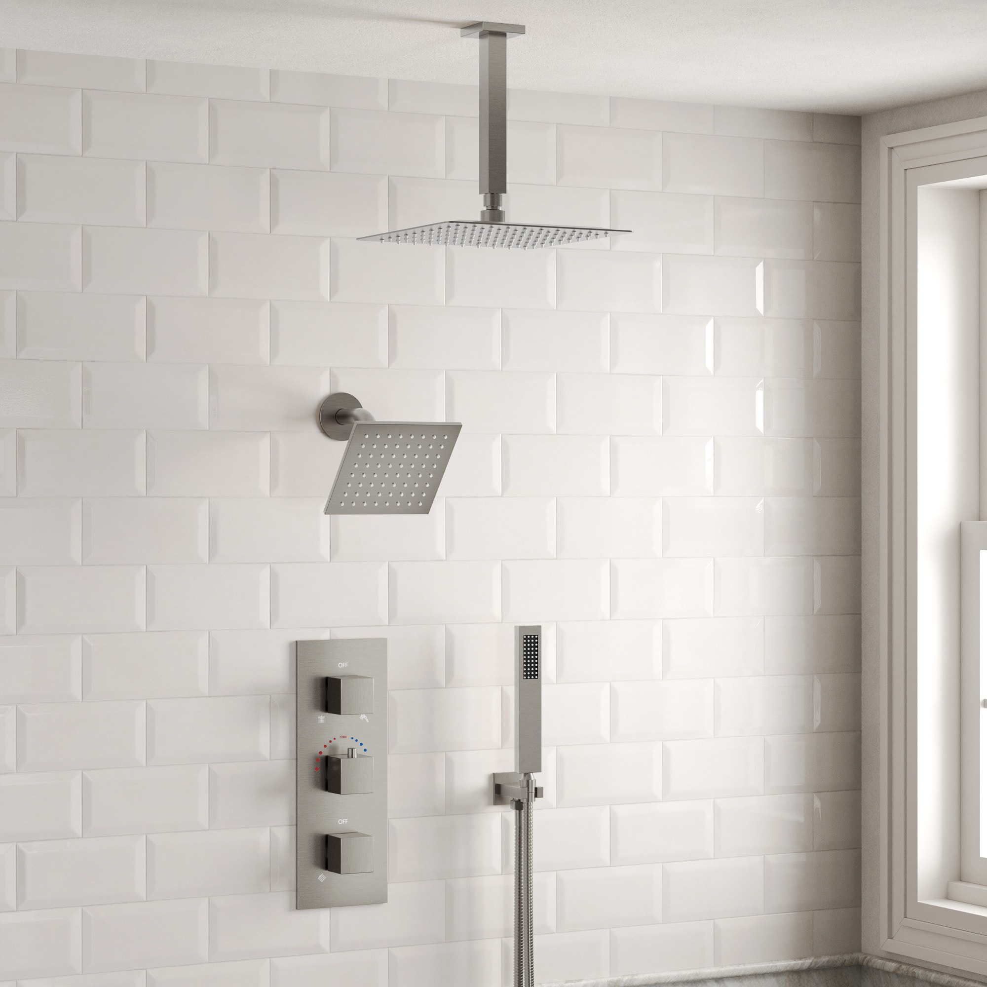 GRANDJOY 5 Spray 12 in Wall Mounted Rain Shower System with 6 in Head and Handheld Thermostatic Valve Dual Heads Brushed Nickel