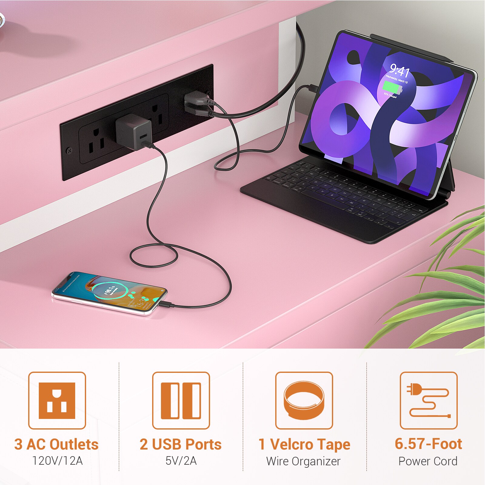 Aheaplus 53-in W Gaming Desk with Power Outlet LED Lights Monitor Stand ...