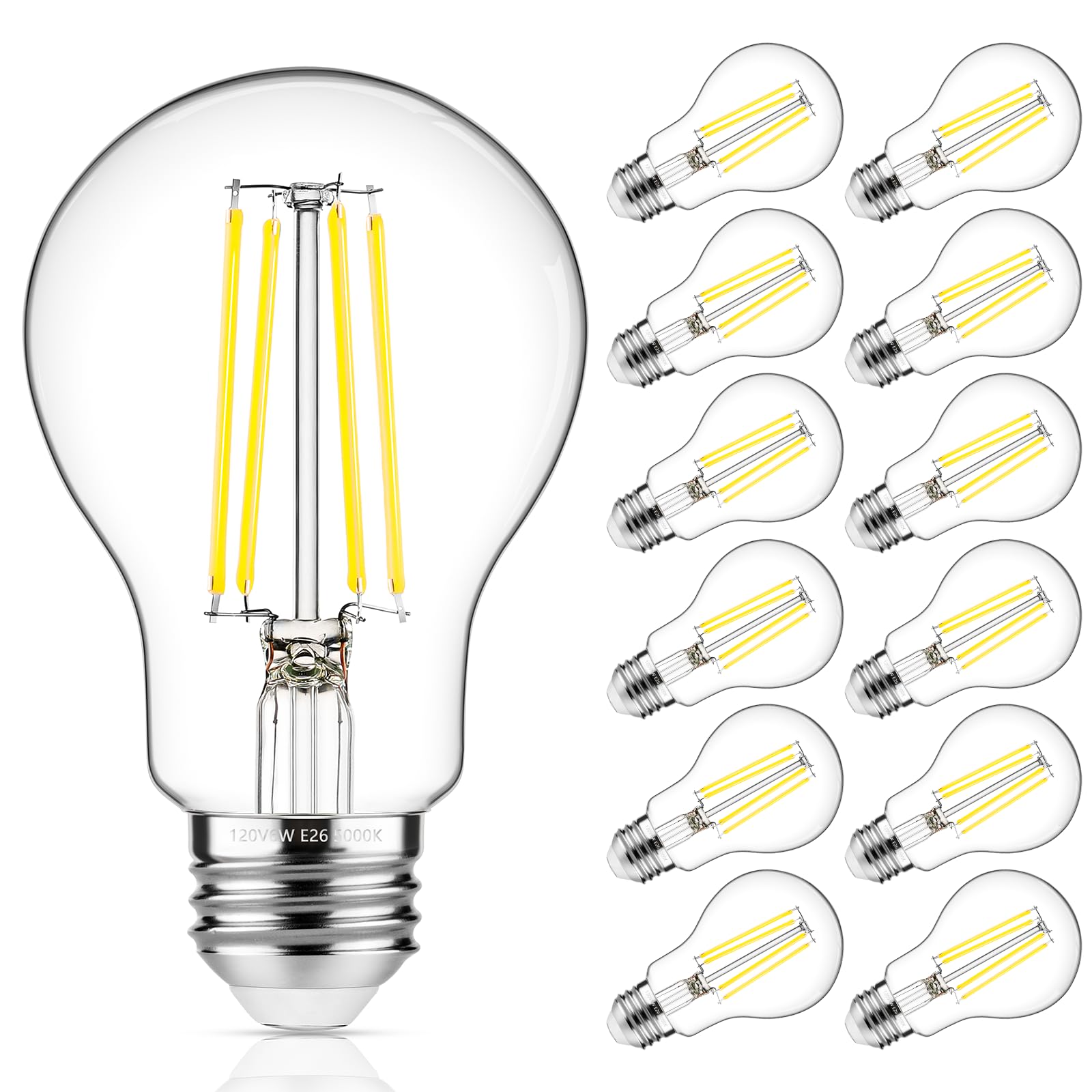Oyezvary  60W Equivalent E26 LED Filament Light Bulbs 850LM Daylight White 5000K Efficient 6W A19 Edison Bulbs Non Dimmable Medium Base 12 Pack