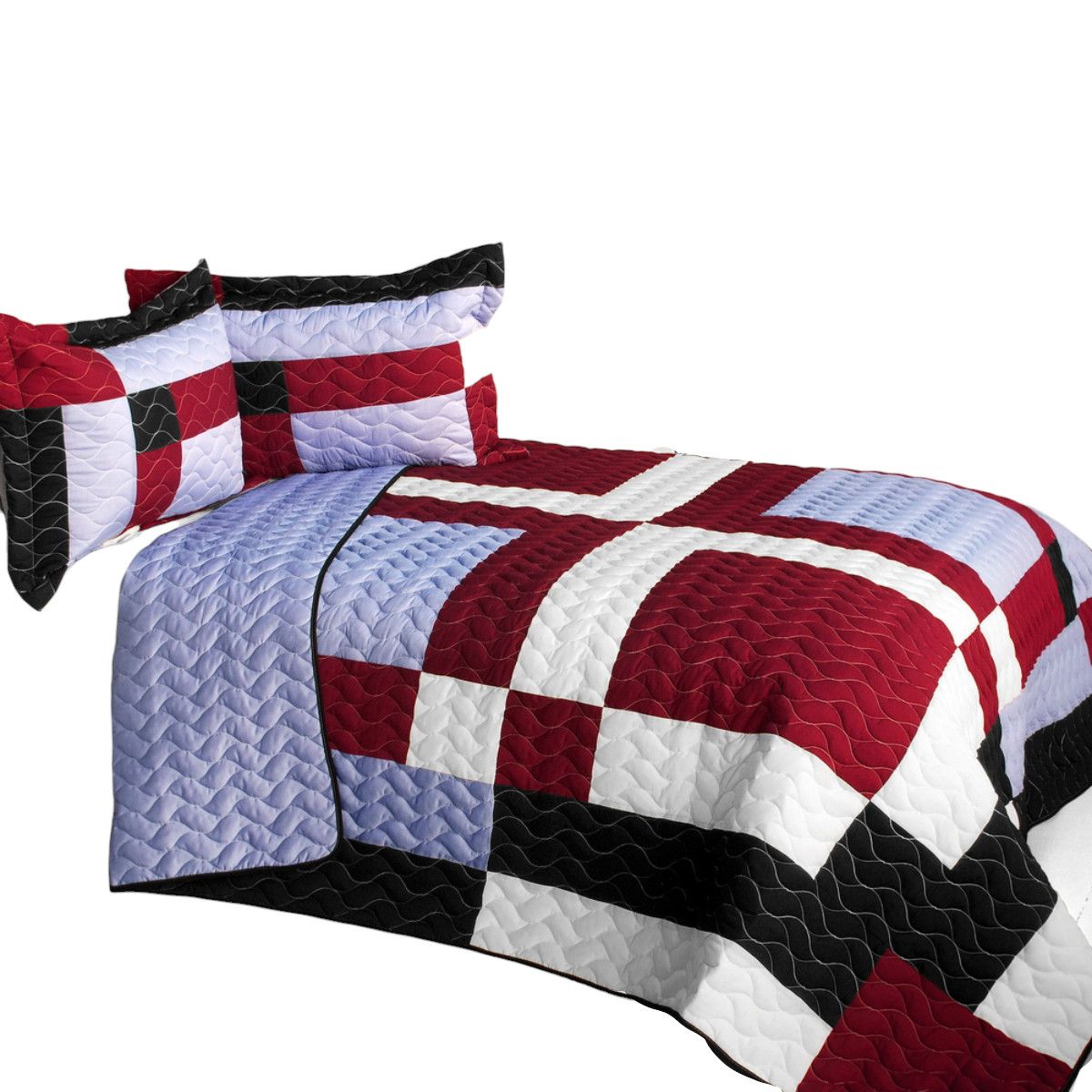 Slickblue 3 Piece TC Fabric Quilt Set Full/Queen Patchwork Pattern Vermicelli Quilted Reversible Bedroom Set with Shams - Available in Different Colors