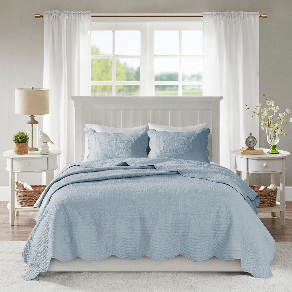 Tinyhomie 3 Piece Reversible Scalloped Edge Quilt Set Blue King/Cal King
