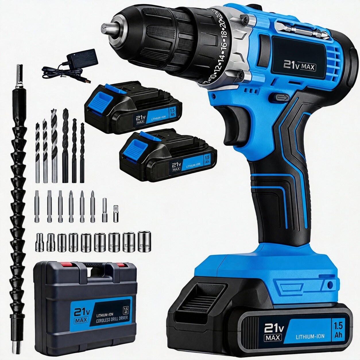Aoibox 21V Max cord free Drill Driver Kit 266 in lb Torque 3 8 Inch Chuck 2 Speed 24 Plus 1 Clutch 26 Piece Kit #LABX0GT2