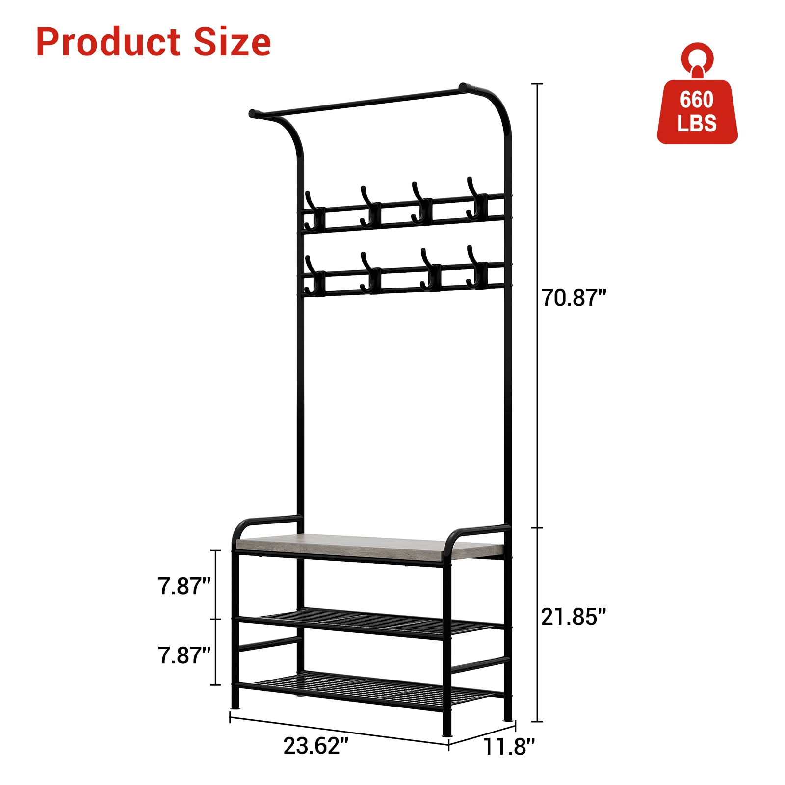 Garvee -  Hallway Coat Rack with Shoe Changing Bench Entryway Organizer with Storage Shelves Meta...