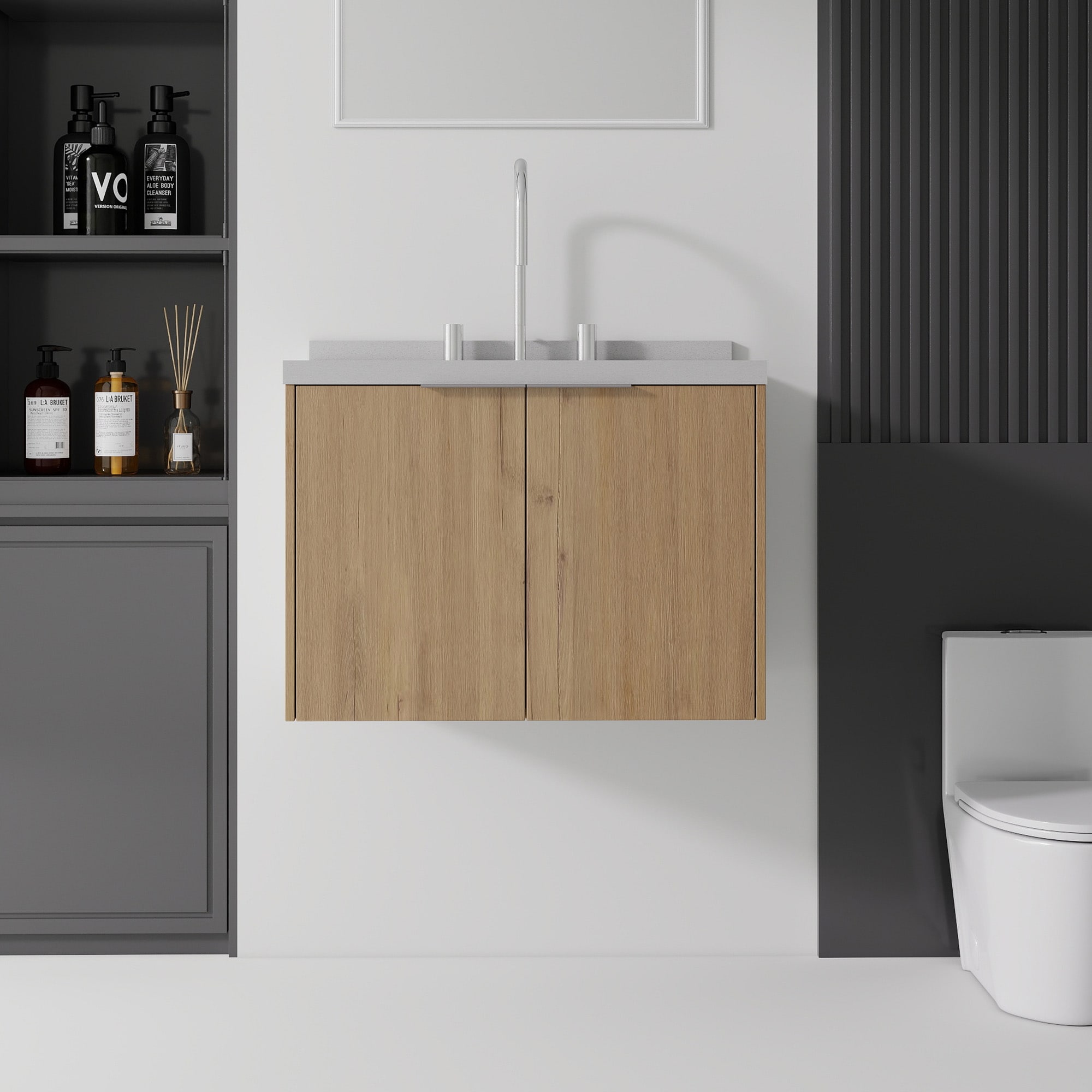 Basdien 24 in Light Oak Floating Bathroom Vanity with Granite White ...