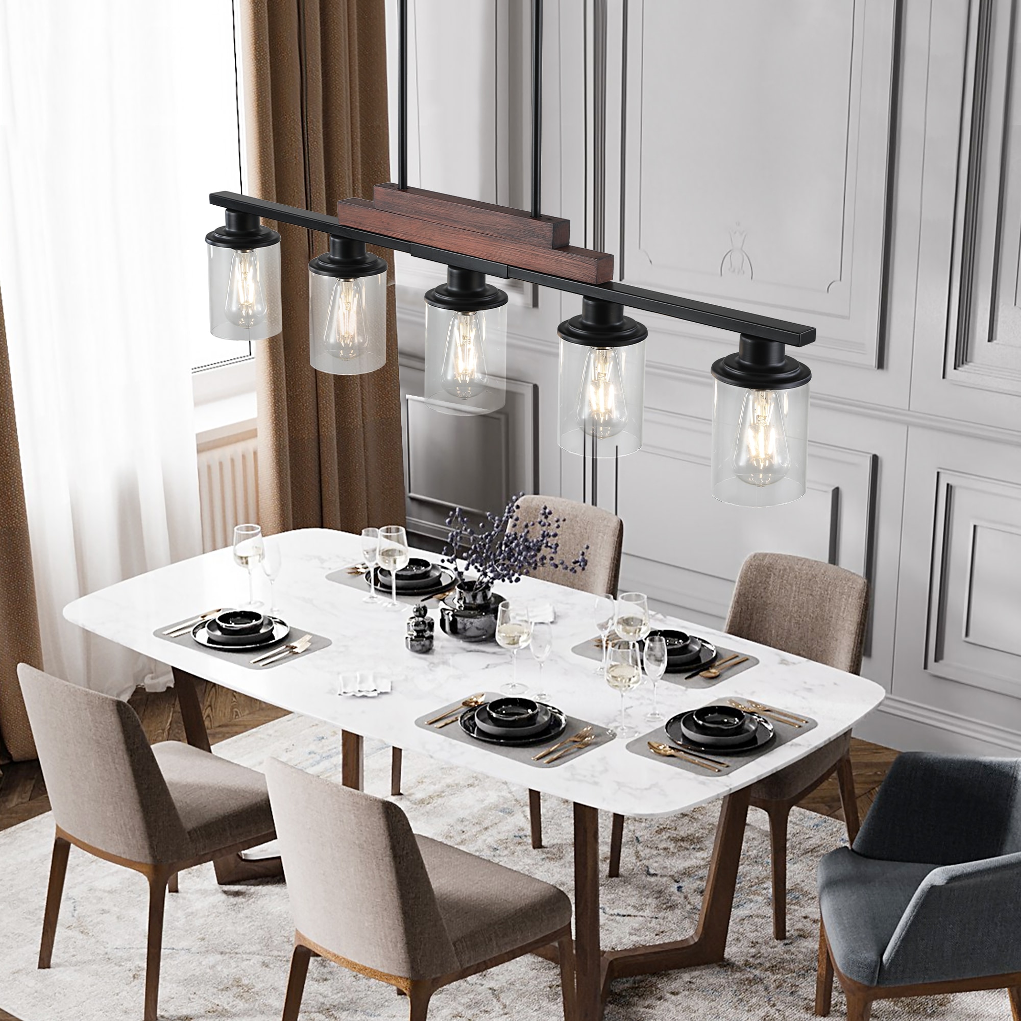 Trikiousd 5-Light Farmhouse Industrial Pendant Light Metal Wood Chandelier Clear Glass Shade 37 in Adjustable Hanging Ceiling Fixture for Kitchen Island Dining Room Living Room E26 Base