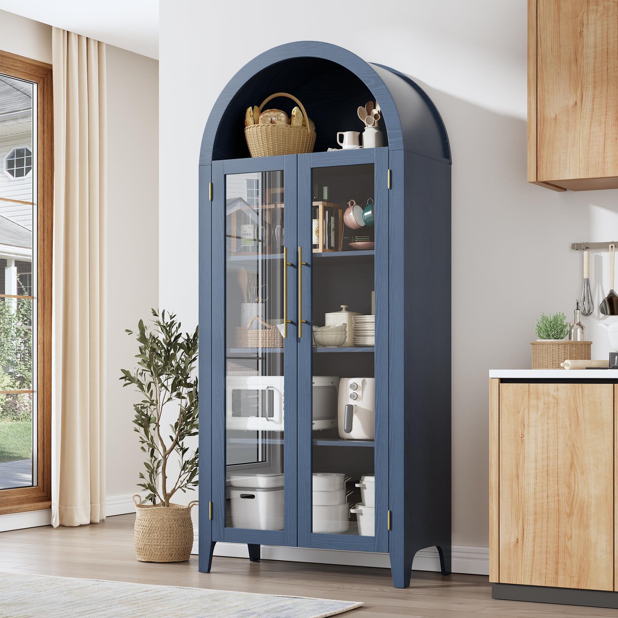 GarveeLife Arched Kitchen Pantry Cabinet with Glass Doors 5-Tier Storage Cupboard with Adjustable Shelf for Home